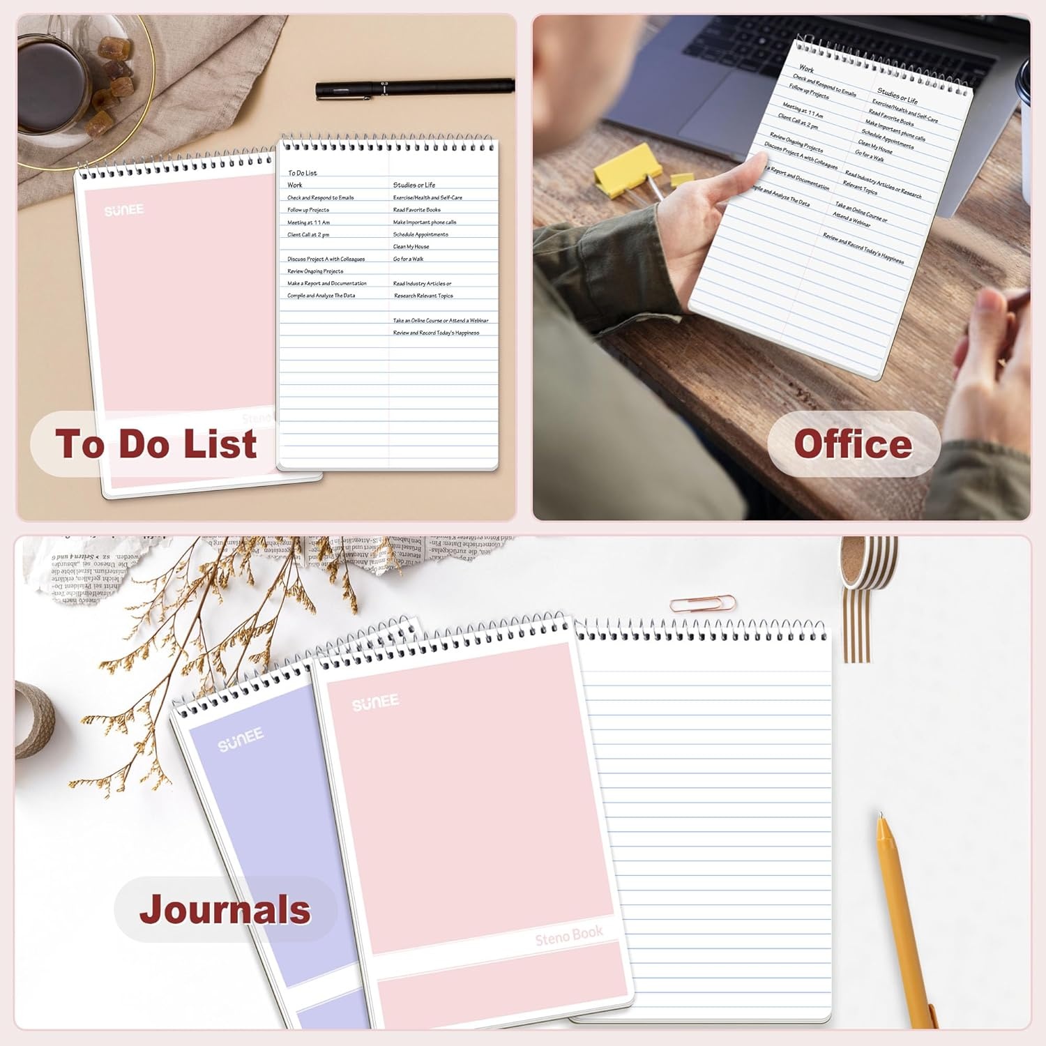 image:imageSUNEE Steno Pads 6x9 6 Pack Gregg Rule 60 Sheets 6 Assorted Color Spiral Notebook 6x9 White Paper Take Notes with Top Spiral Notebook for School University College Work Office