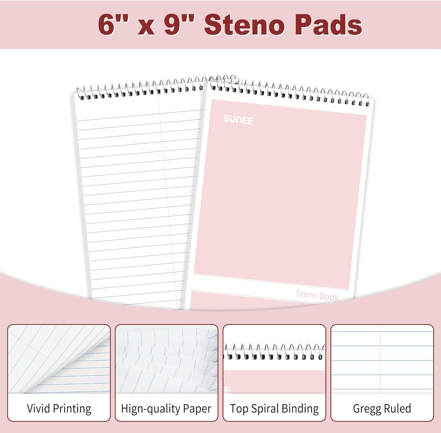 image:imageSUNEE Steno Pads 6x9 6 Pack Gregg Rule 60 Sheets 6 Assorted Color Spiral Notebook 6x9 White Paper Take Notes with Top Spiral Notebook for School University College Work Office