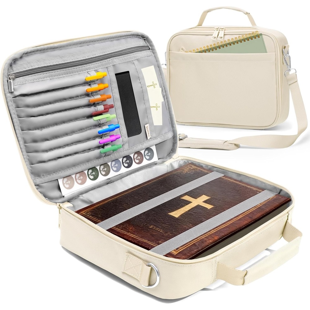 image:imageSUNEE Bible Cover for Women Large Bible Bag wShoulder Strap Carrying Book Case wPen Slots and Zippered Pocket Gift for Women amp Men Sage GreenBeige