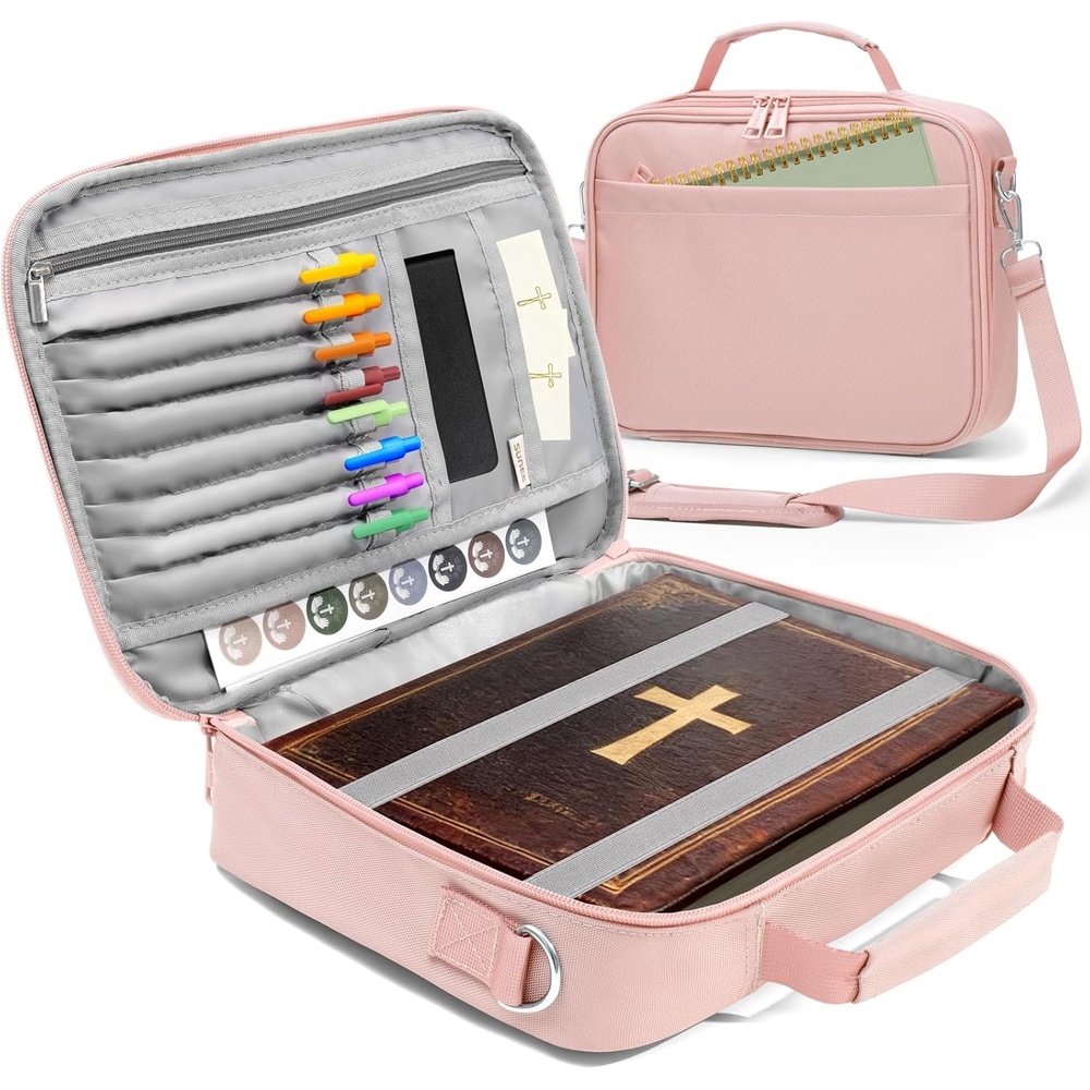 image:imageSUNEE Bible Cover for Women Large Bible Bag wShoulder Strap Carrying Book Case wPen Slots and Zippered Pocket Gift for Women amp Men Sage GreenPink
