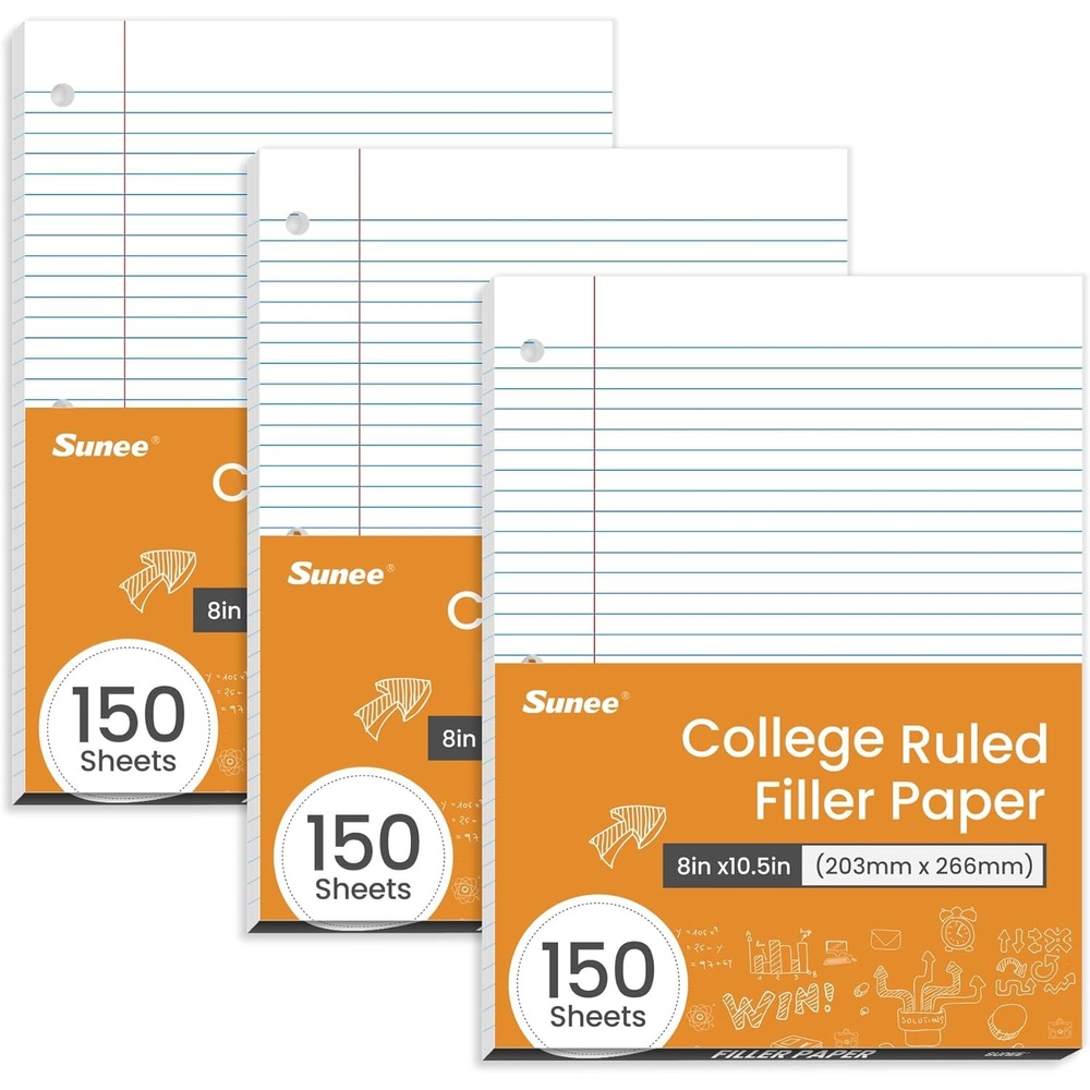 image:imageSUNEE Loose Leaf Paper 450 Sheets 3 Pack Wide Ruled Paper 8 x 1012 Inch Filler Paper 3 Hole Punch Binder Paper Loose Leaf Notebook Paper 150 SheetsPackWhite