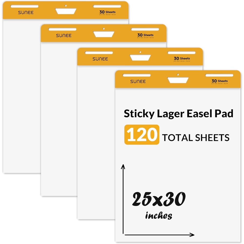 image:imageSUNEE Sticky Easel Pads 25x30 Inches 30 SheetsPad 2 Pack Self Stick Flip Chart Paper for Whiteboards Premium Large White Chart PaperBlank Paper4 Pack
