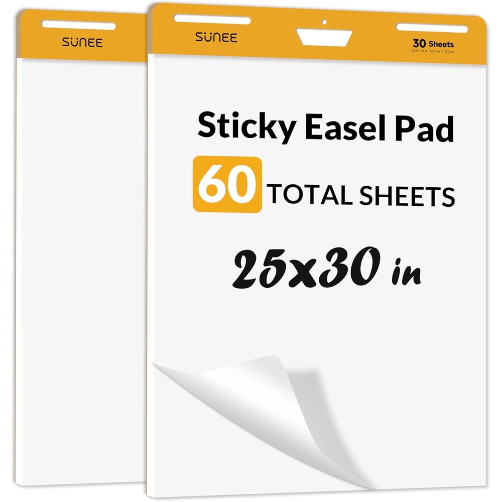 image:imageSUNEE Sticky Easel Pads 25x30 Inches 30 SheetsPad 2 Pack Self Stick Flip Chart Paper for Whiteboards Premium Large White Chart PaperWhite