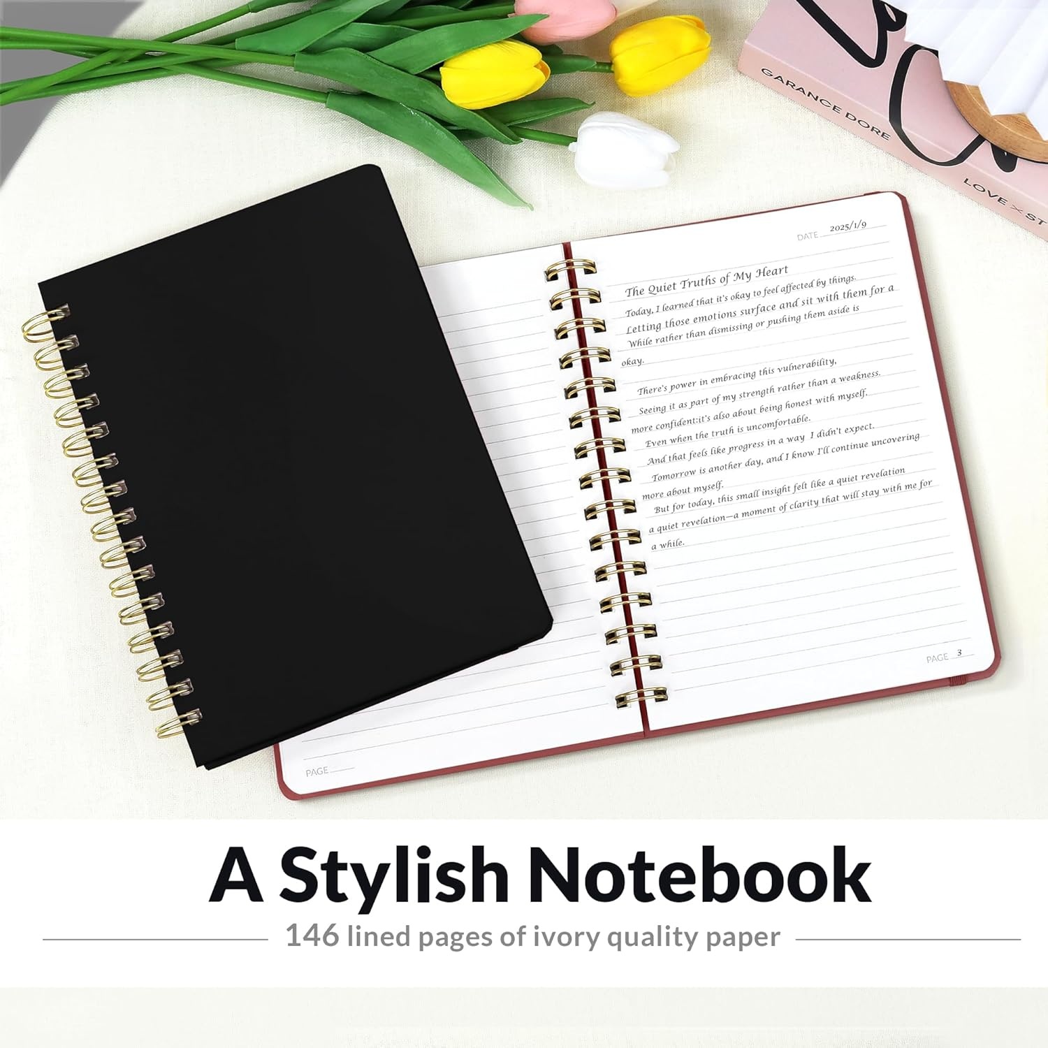 image:imageSUNEE Journaling Notebooks A5 Lined Spiral Notebook for Women 146 Pages College Ruled Hardcover Notebook for Work Note Taking Journaling and Office School Supplies A5 PinkBlack