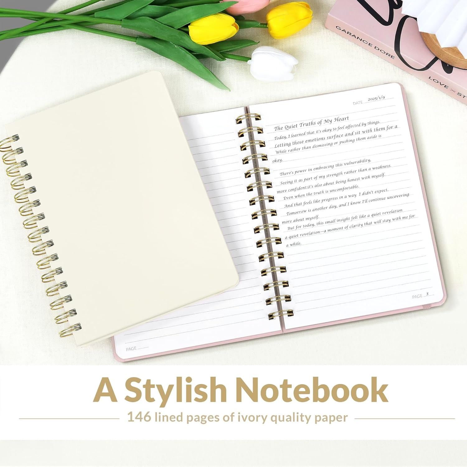 image:imageSUNEE Journaling Notebooks A5 Lined Spiral Notebook for Women 146 Pages College Ruled Hardcover Notebook for Work Note Taking Journaling and Office School Supplies A5 PinkBeige