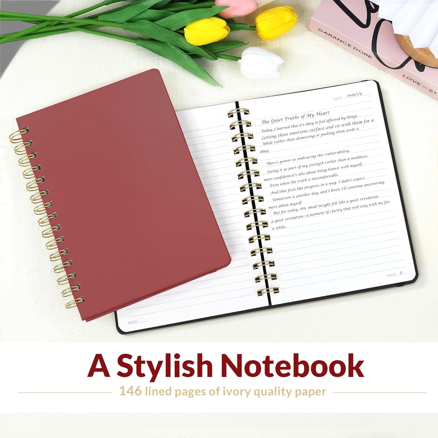 image:imageSUNEE Journaling Notebooks A5 Lined Spiral Notebook for Women 146 Pages College Ruled Hardcover Notebook for Work Note Taking Journaling and Office School Supplies A5 PinkBurgundy
