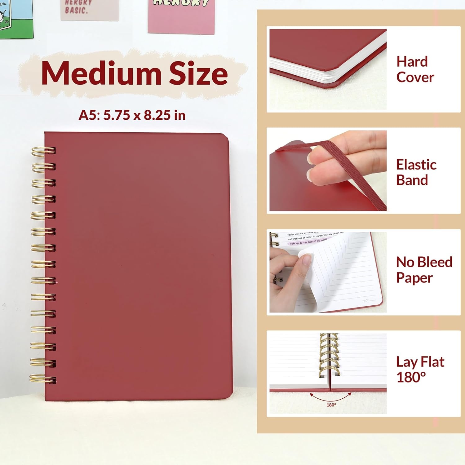 image:imageSUNEE Journaling Notebooks A5 Lined Spiral Notebook for Women 146 Pages College Ruled Hardcover Notebook for Work Note Taking Journaling and Office School Supplies A5 PinkBurgundy