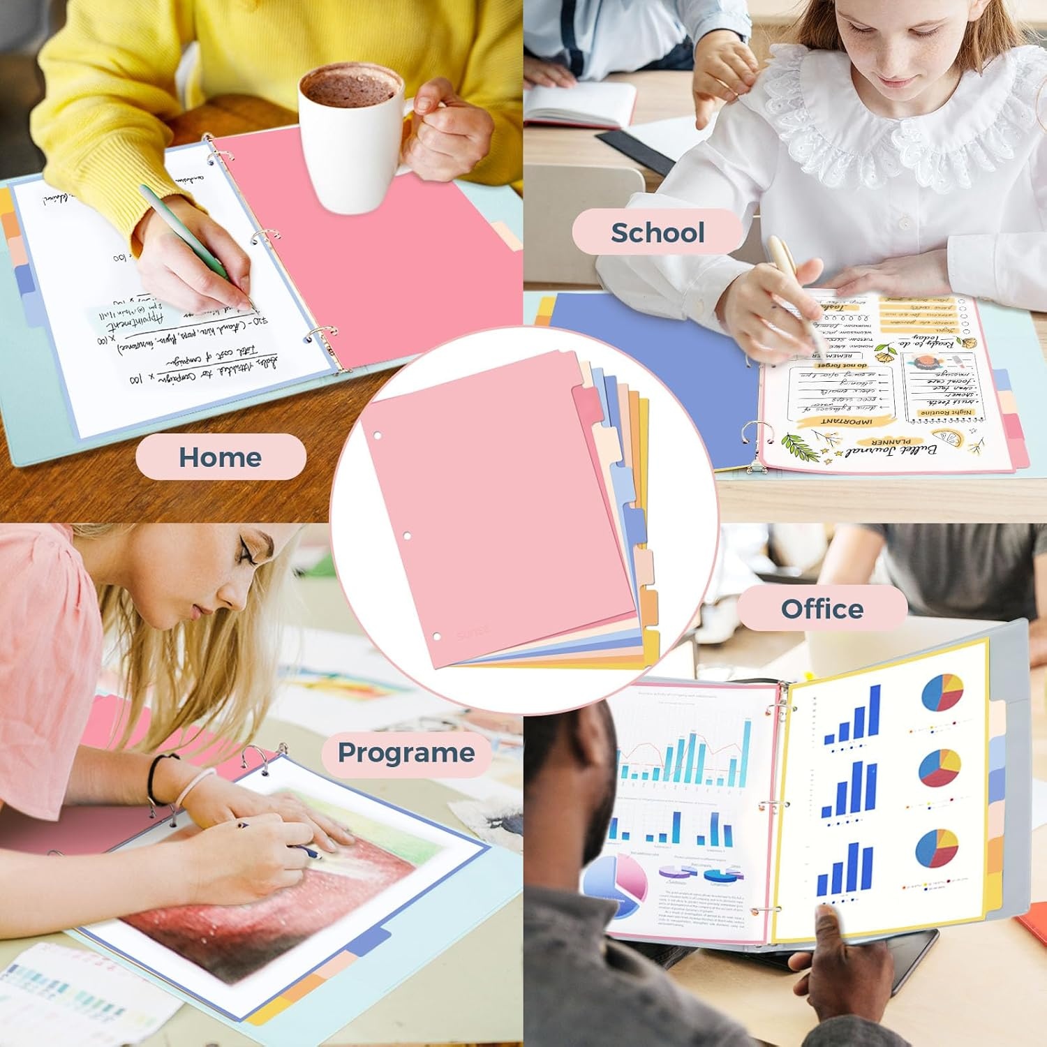 image:imageSUNEE 8 Tab Binder DividersPlastic Dividers for 3 Ring Binder3 Ring Binder Dividers with Tabs for School Office Home SuppliesPastel Color 5 Set2