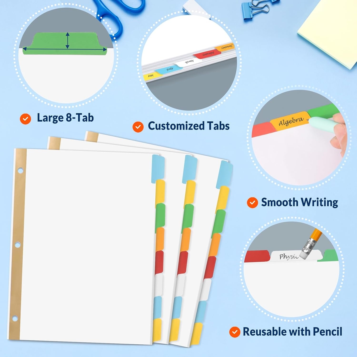 image:imageSUNEE Binder Dividers with Tabs for 3 Ring Binder 85 x 11 Paper White Binder Dividers Blank with 8 Tabs 4 Sets Page Dividers for School Office and Home 32 Dividers8 Color Tab 12 Set