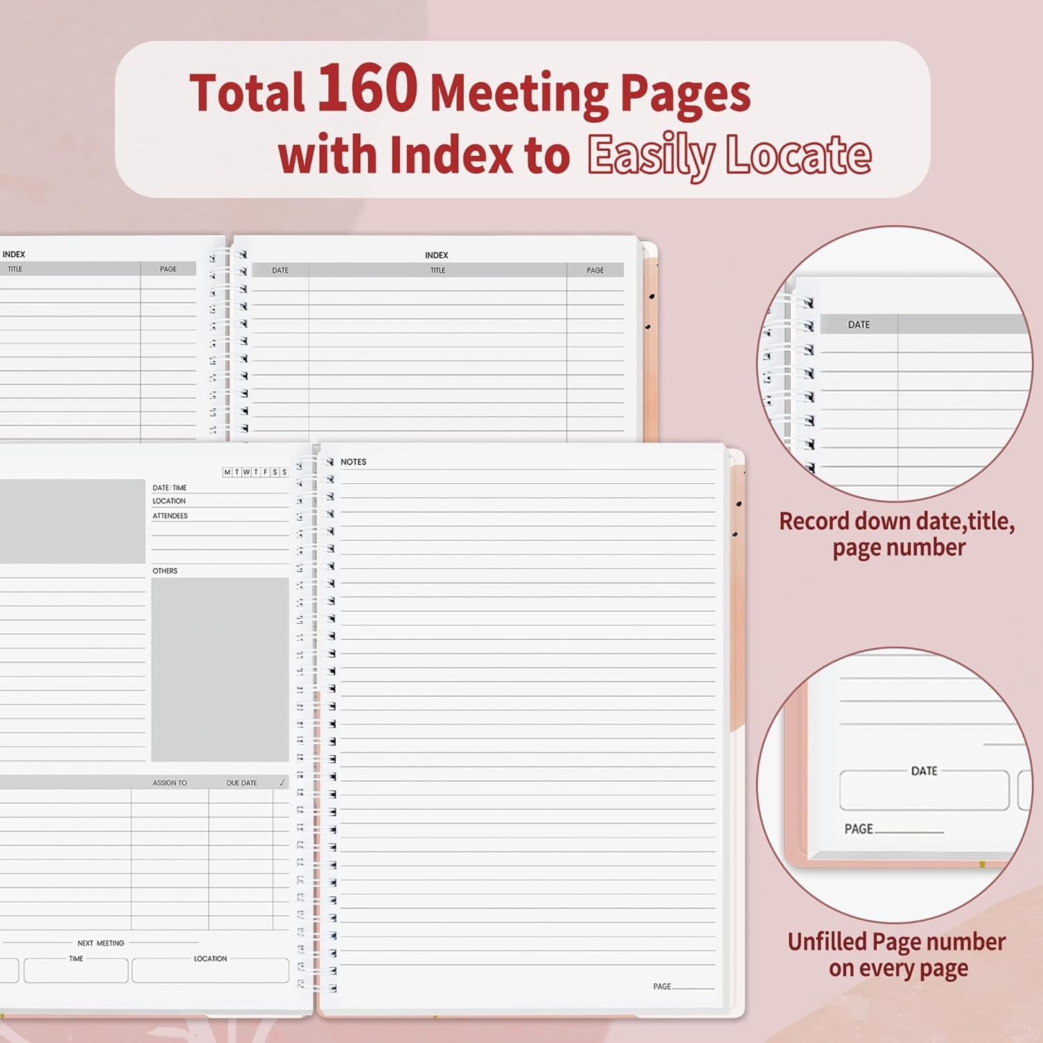 image:imageSUNEE Half Meeting Half Note 85x11 Professional Notebooks for Work 160 Pages A4 Size Project Planner Spiral Meeting AgendaMinutes Organizer for Women Men Note Taking Office amp BusinessPink Breeze