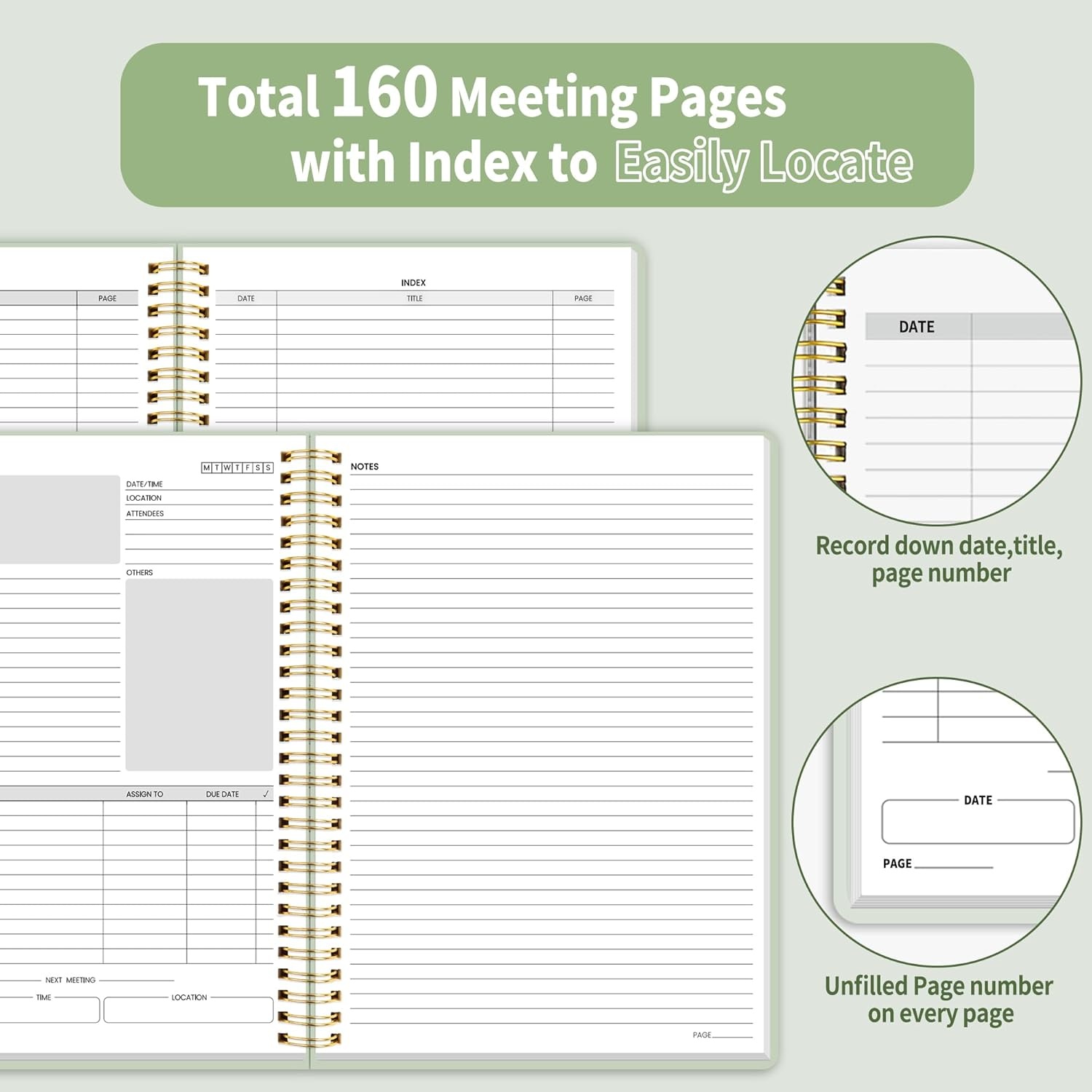 image:imageSUNEE Half Meeting Half Note 85x11 Professional Notebooks for Work 160 Pages A4 Size Project Planner Spiral Meeting AgendaMinutes Organizer for Women Men Note Taking Office amp BusinessMuted Green