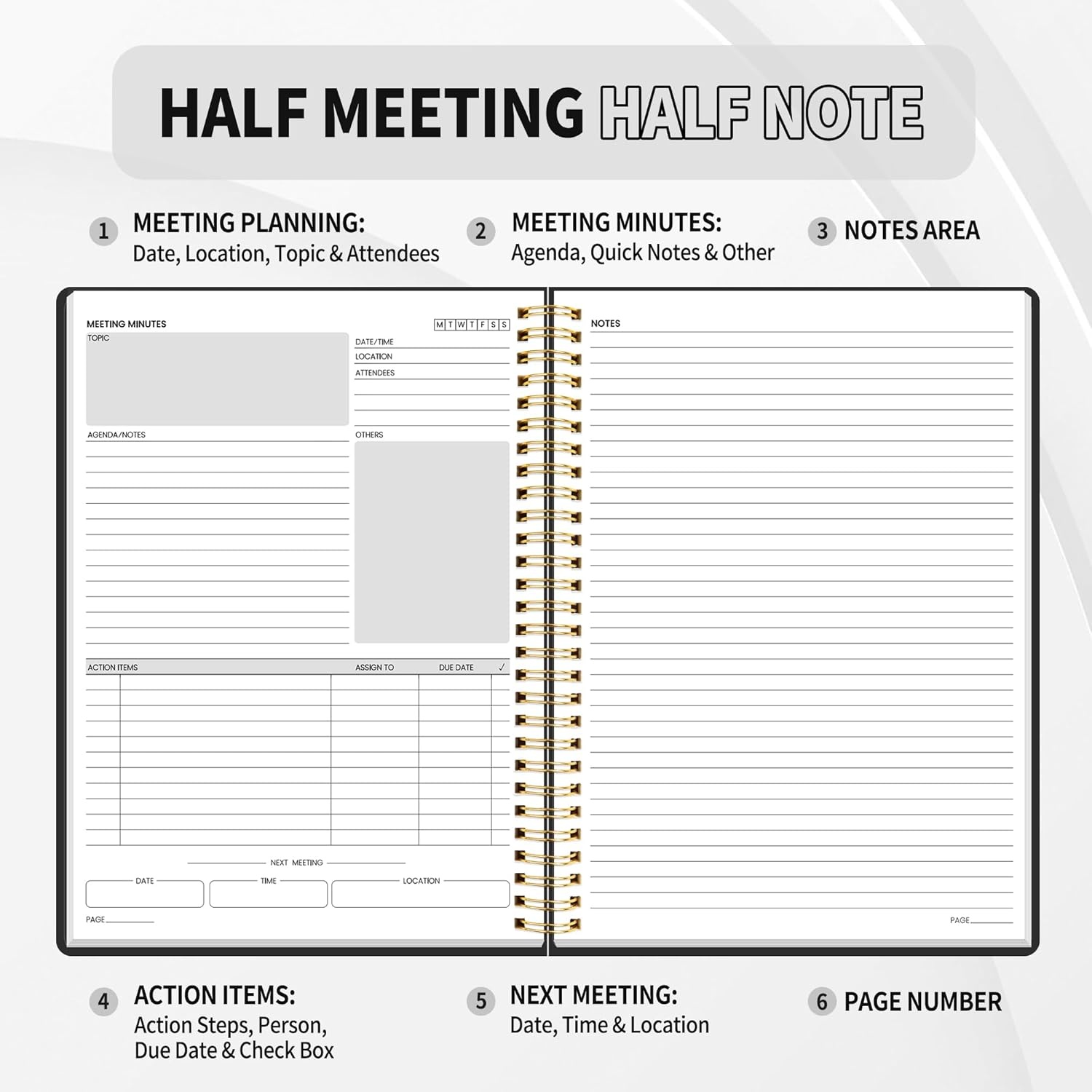image:imageSUNEE Half Meeting Half Note 85x11 Professional Notebooks for Work 160 Pages A4 Size Project Planner Spiral Meeting AgendaMinutes Organizer for Women Men Note Taking Office amp BusinessBlack