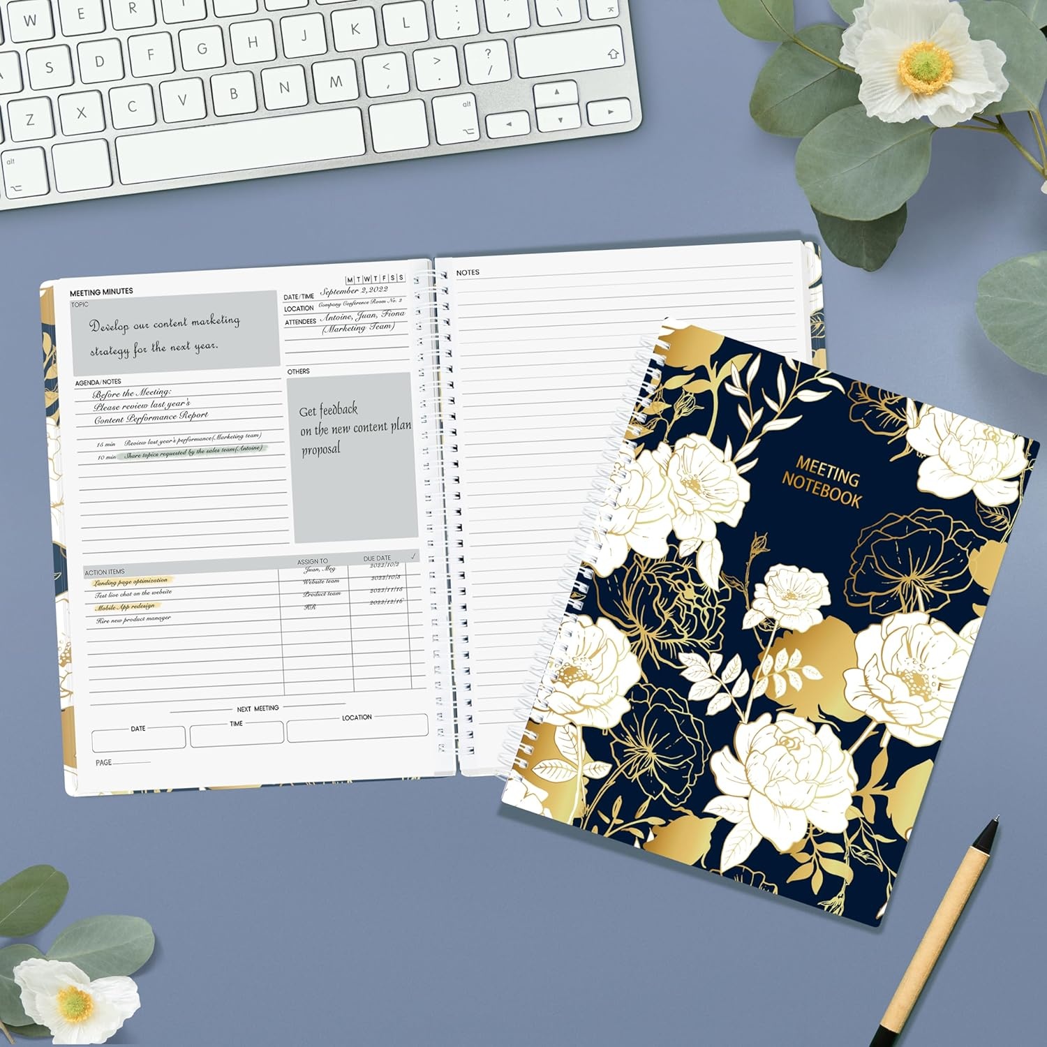 image:imageSUNEE Half Meeting Half Note 85x11 Professional Notebooks for Work 160 Pages A4 Size Project Planner Spiral Meeting AgendaMinutes Organizer for Women Men Note Taking Office amp BusinessVintage Floral