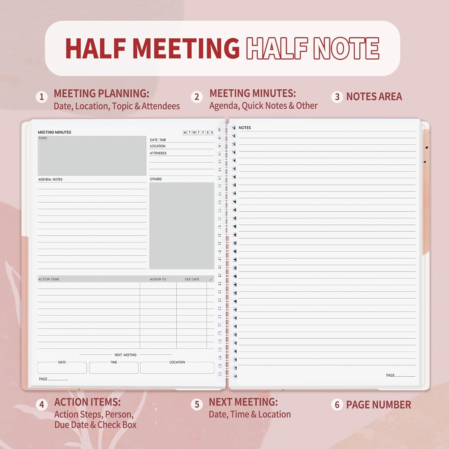 image:imageSUNEE Half Meeting Half Note 85x11 Professional Notebooks for Work 160 Pages A4 Size Project Planner Spiral Meeting AgendaMinutes Organizer for Women Men Note Taking Office amp BusinessPink Breeze