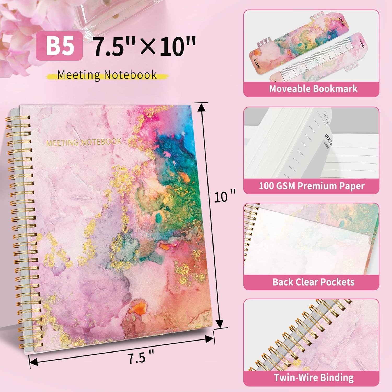 image:imageSUNEE Half Meeting Half Note 85x11 Professional Notebooks for Work 160 Pages A4 Size Project Planner Spiral Meeting AgendaMinutes Organizer for Women Men Note Taking Office amp BusinessPink Marble