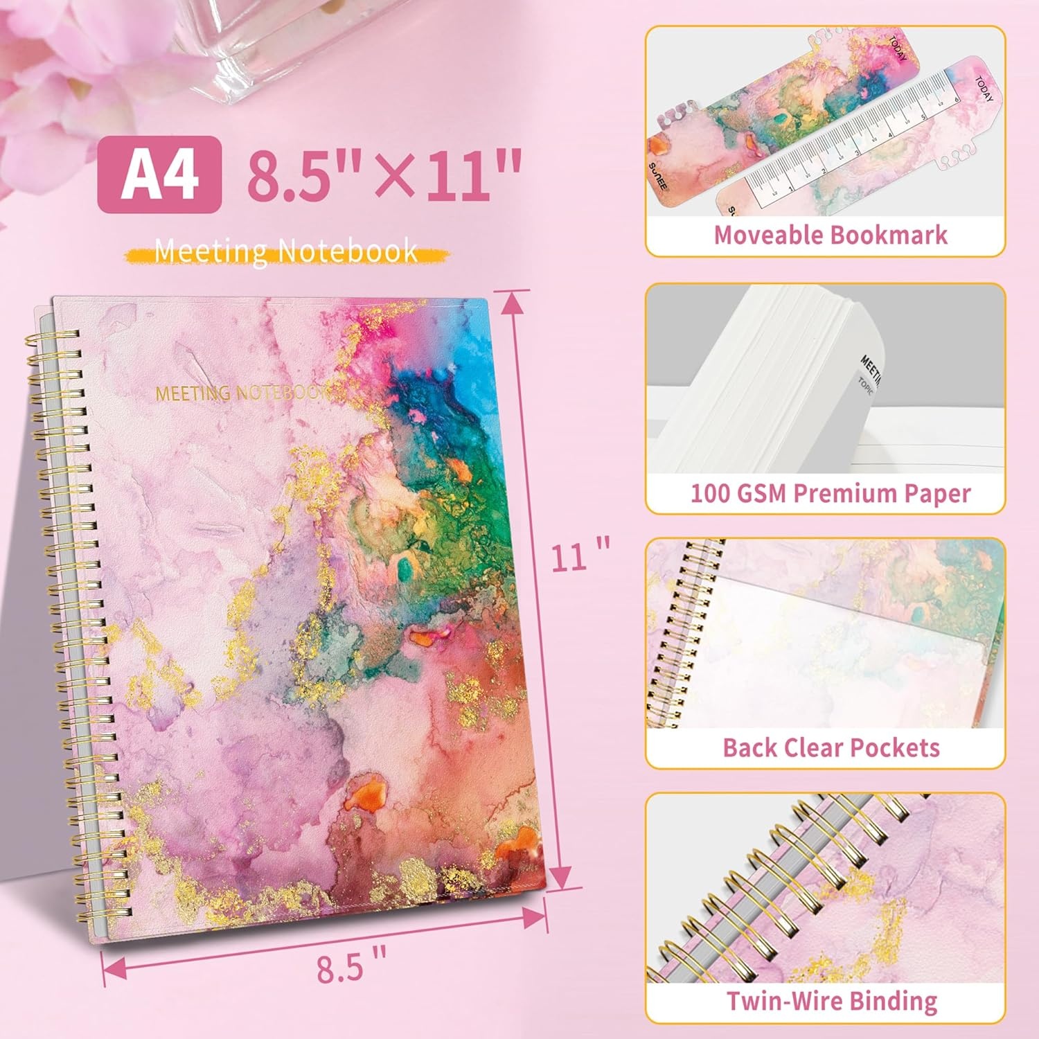 image:imageSUNEE Half Meeting Half Note 85x11 Professional Notebooks for Work 160 Pages A4 Size Project Planner Spiral Meeting AgendaMinutes Organizer for Women Men Note Taking Office amp BusinessPink Marble