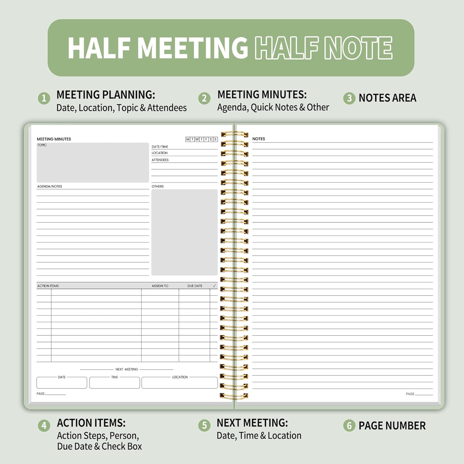 image:imageSUNEE Half Meeting Half Note 85x11 Professional Notebooks for Work 160 Pages A4 Size Project Planner Spiral Meeting AgendaMinutes Organizer for Women Men Note Taking Office amp BusinessMuted Green