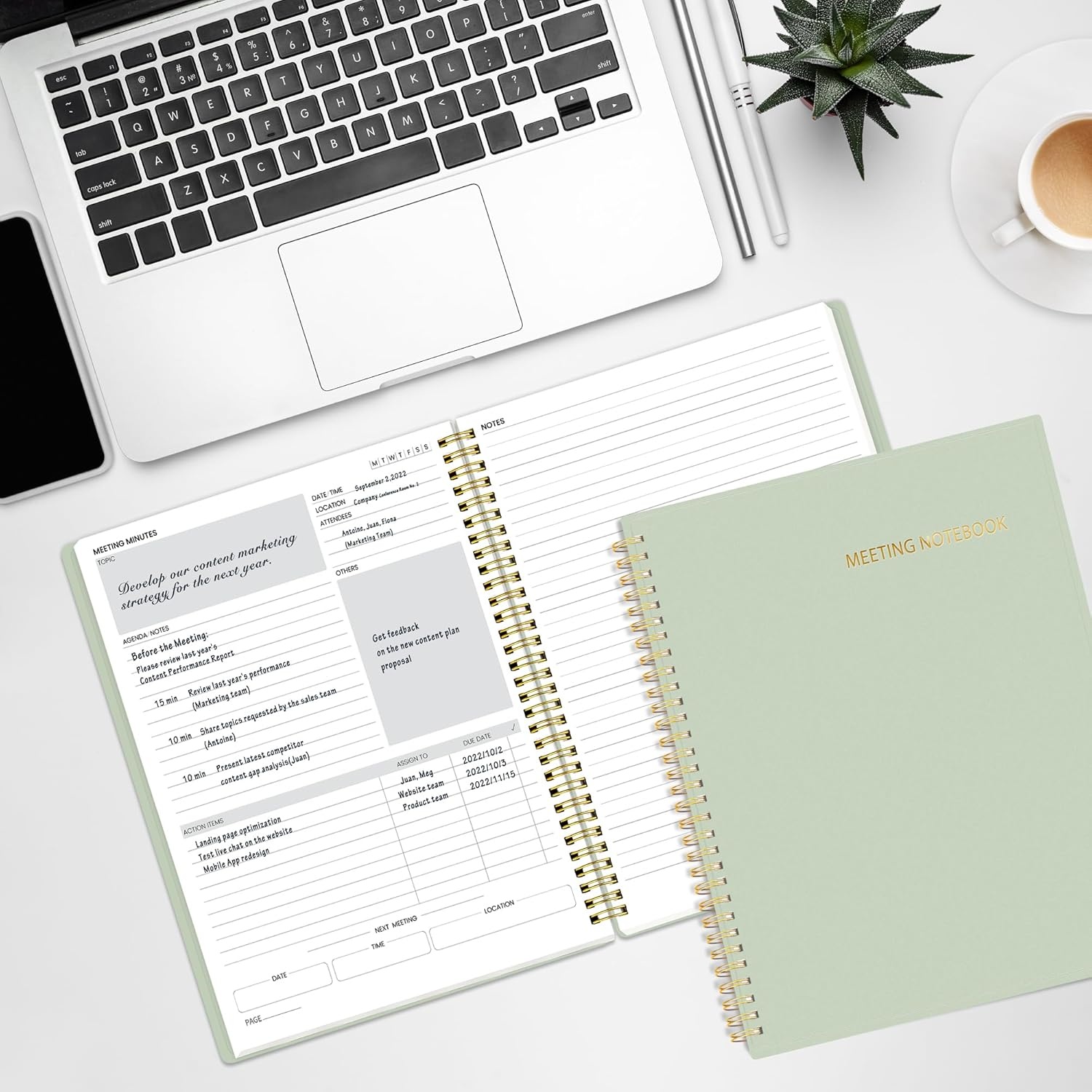 image:imageSUNEE Half Meeting Half Note 85x11 Professional Notebooks for Work 160 Pages A4 Size Project Planner Spiral Meeting AgendaMinutes Organizer for Women Men Note Taking Office amp BusinessMuted Green