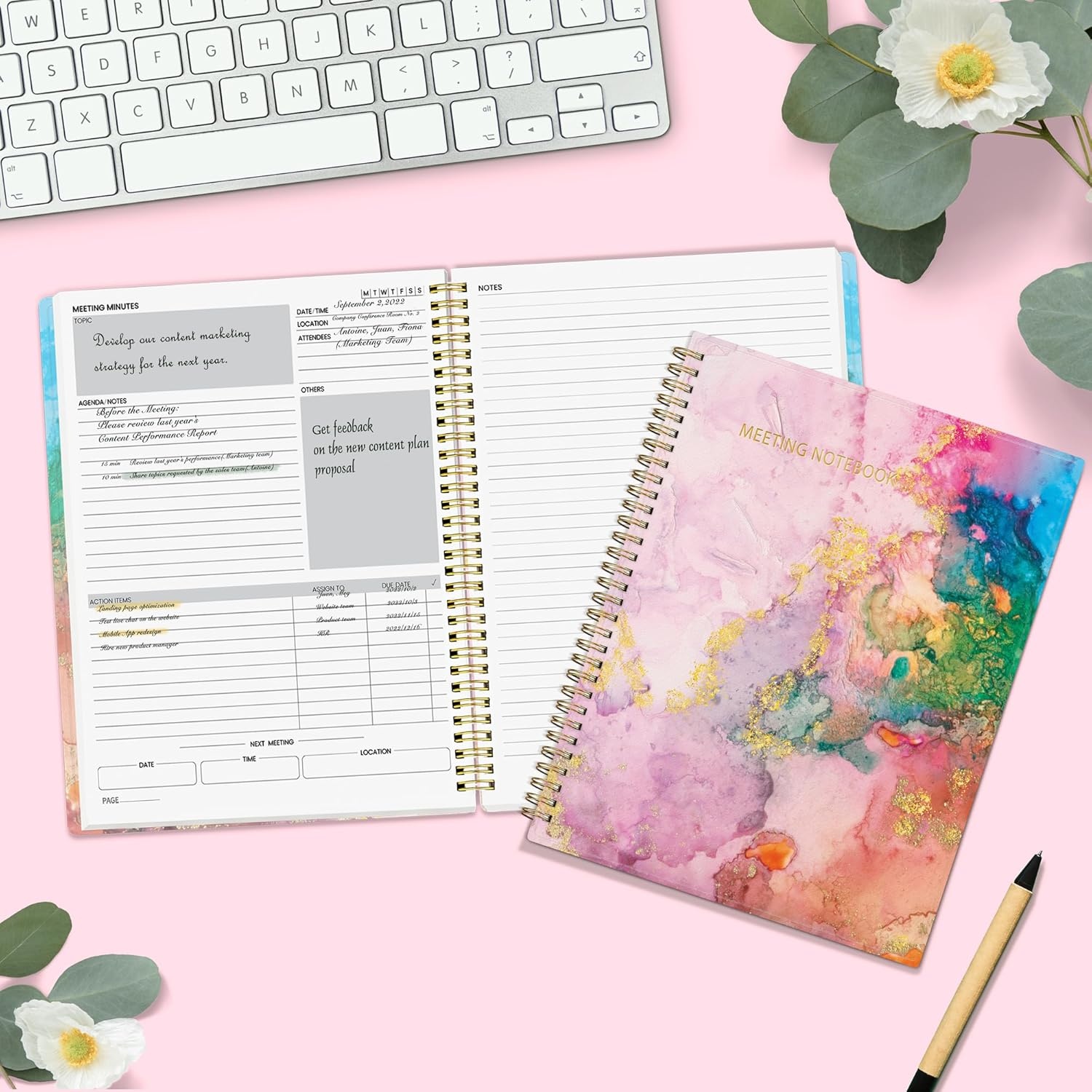 image:imageSUNEE Half Meeting Half Note 85x11 Professional Notebooks for Work 160 Pages A4 Size Project Planner Spiral Meeting AgendaMinutes Organizer for Women Men Note Taking Office amp BusinessPink Marble