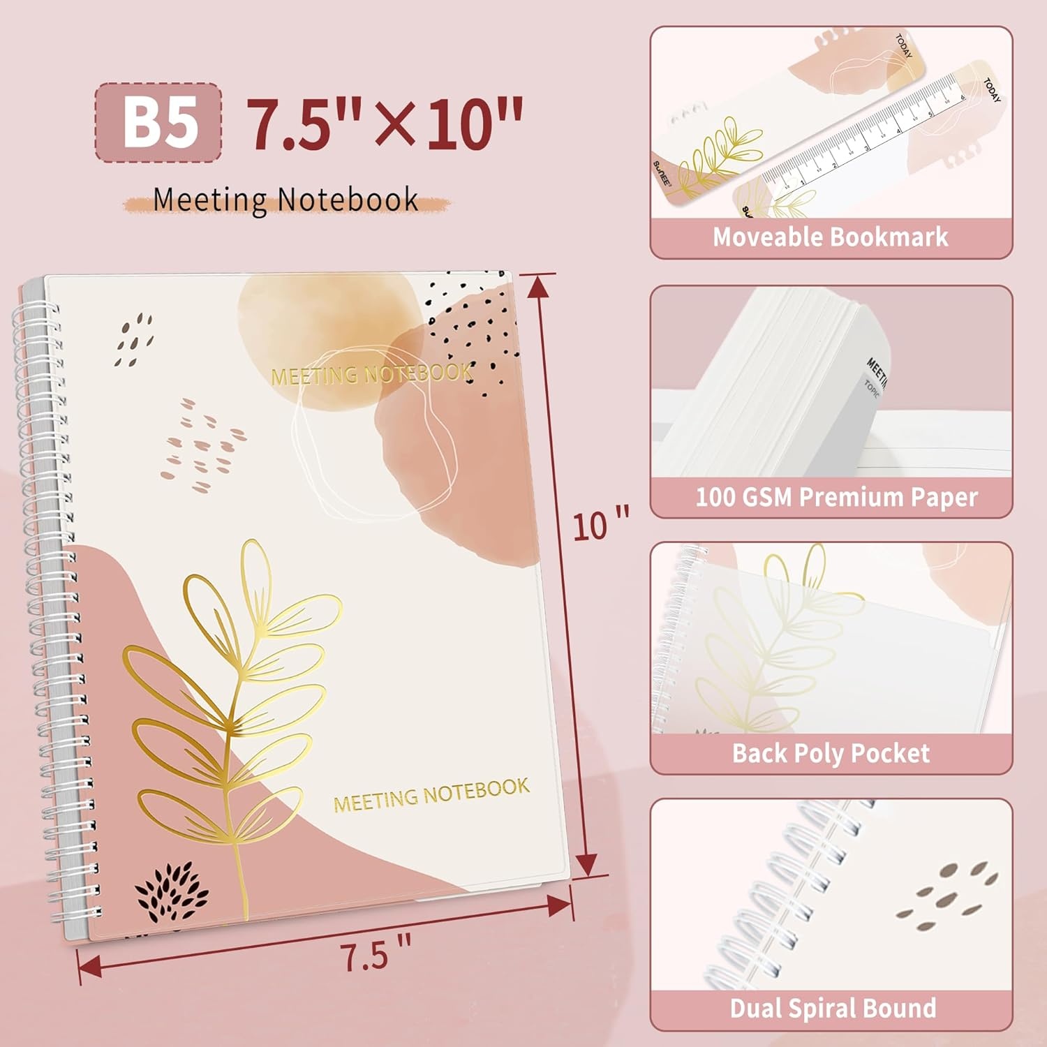 image:imageSUNEE Half Meeting Half Note 85x11 Professional Notebooks for Work 160 Pages A4 Size Project Planner Spiral Meeting AgendaMinutes Organizer for Women Men Note Taking Office amp BusinessPink Breeze