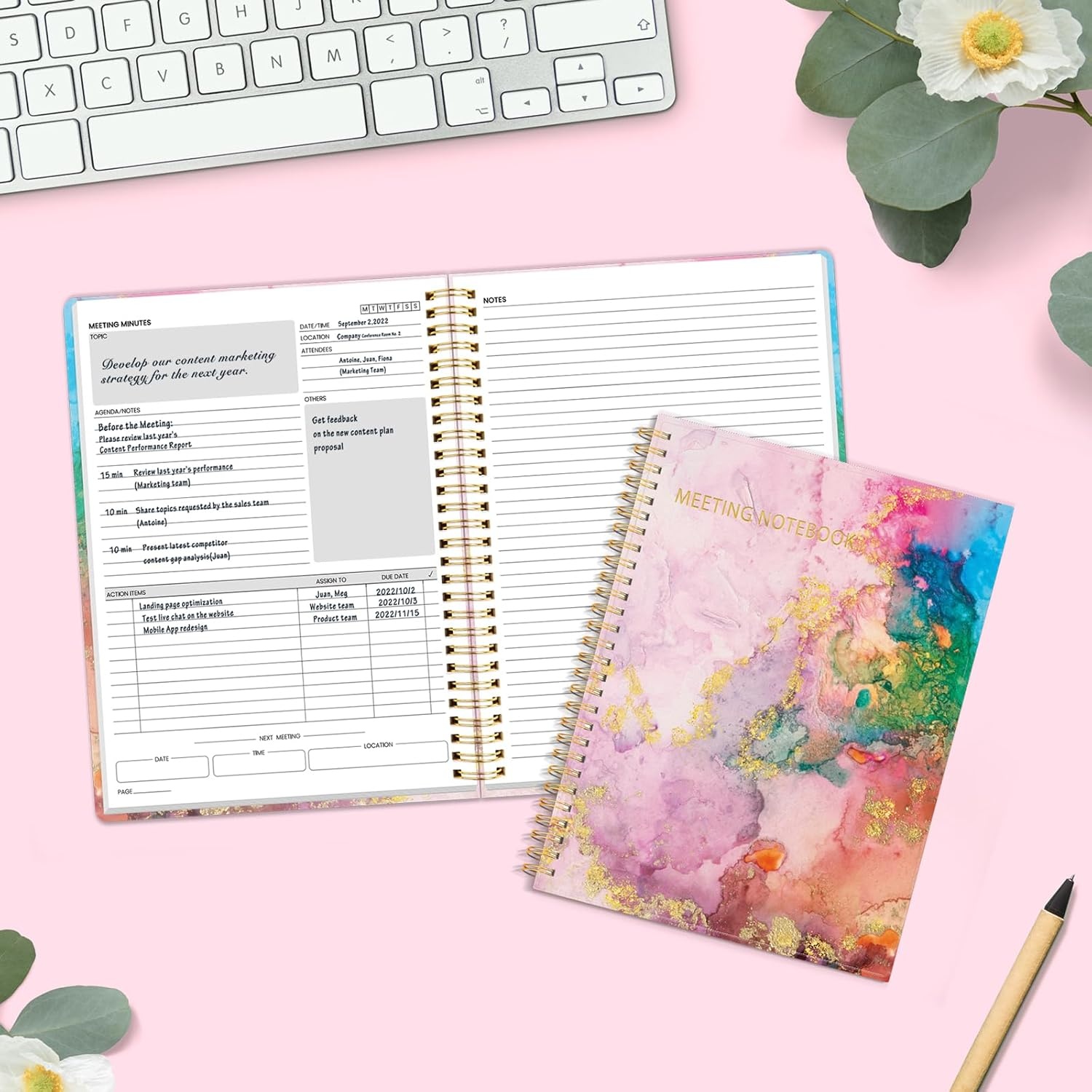 image:imageSUNEE Half Meeting Half Note 85x11 Professional Notebooks for Work 160 Pages A4 Size Project Planner Spiral Meeting AgendaMinutes Organizer for Women Men Note Taking Office amp BusinessPink Marble