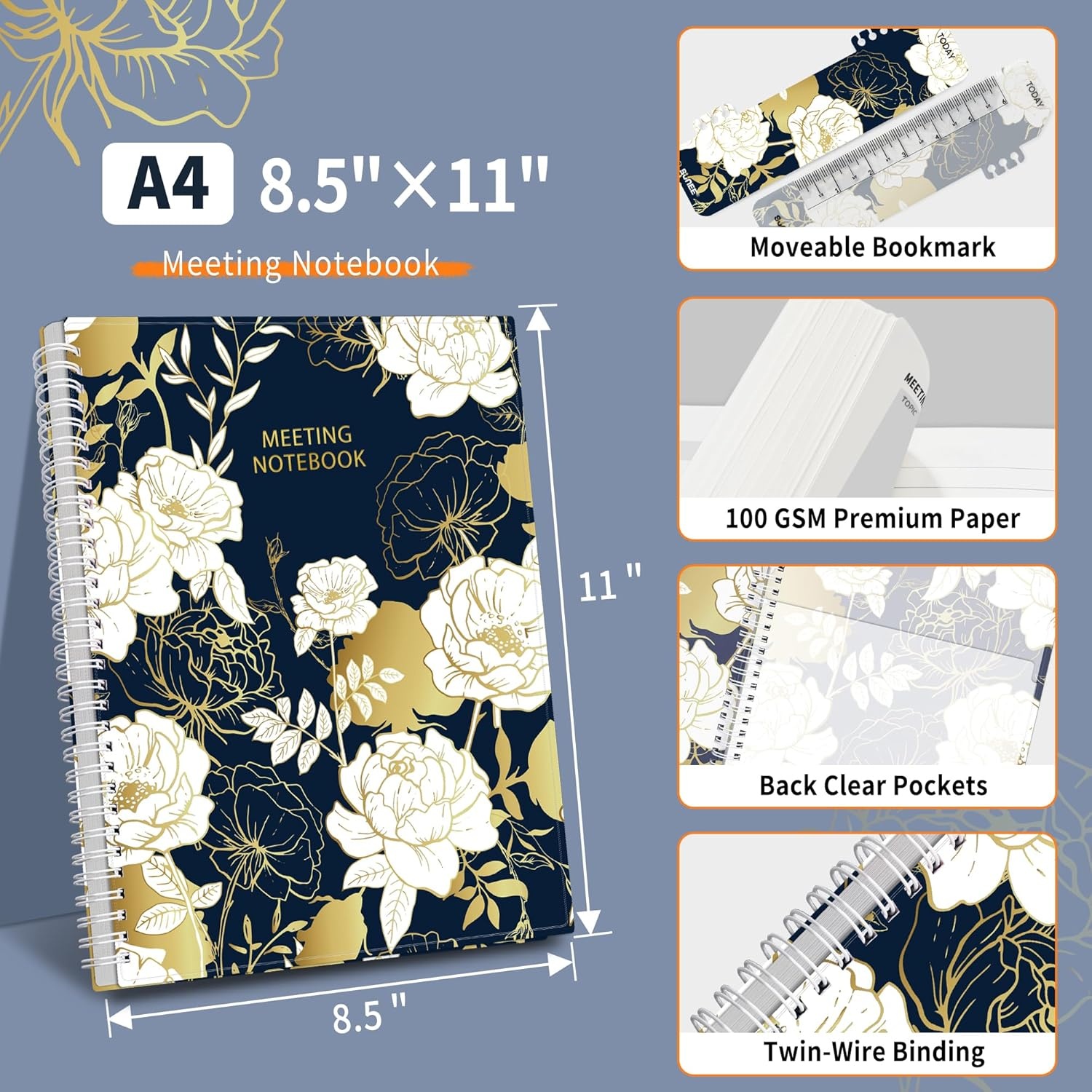 image:imageSUNEE Half Meeting Half Note 85x11 Professional Notebooks for Work 160 Pages A4 Size Project Planner Spiral Meeting AgendaMinutes Organizer for Women Men Note Taking Office amp BusinessVintage Floral