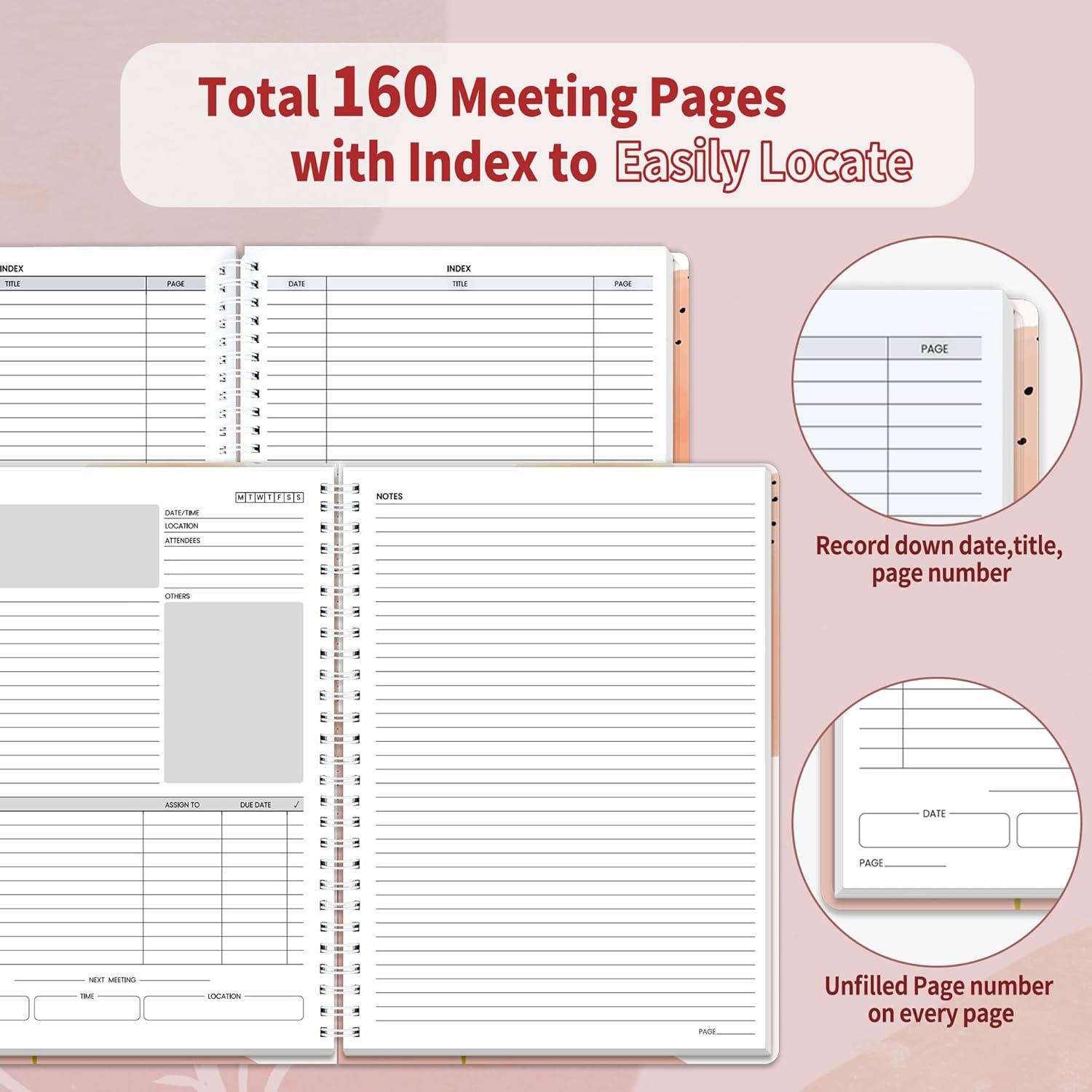 image:imageSUNEE Half Meeting Half Note 85x11 Professional Notebooks for Work 160 Pages A4 Size Project Planner Spiral Meeting AgendaMinutes Organizer for Women Men Note Taking Office amp BusinessPink Breeze