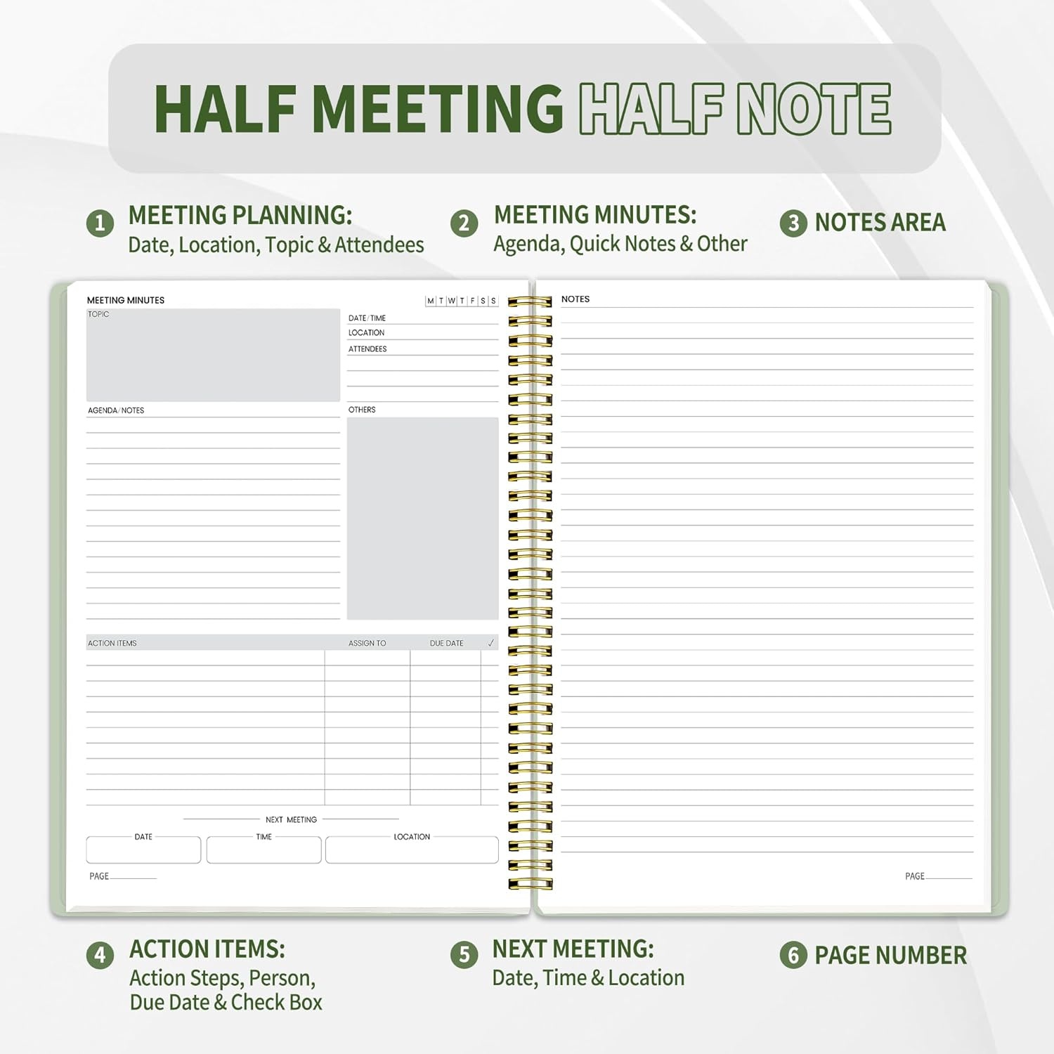 image:imageSUNEE Half Meeting Half Note 85x11 Professional Notebooks for Work 160 Pages A4 Size Project Planner Spiral Meeting AgendaMinutes Organizer for Women Men Note Taking Office amp BusinessMuted Green