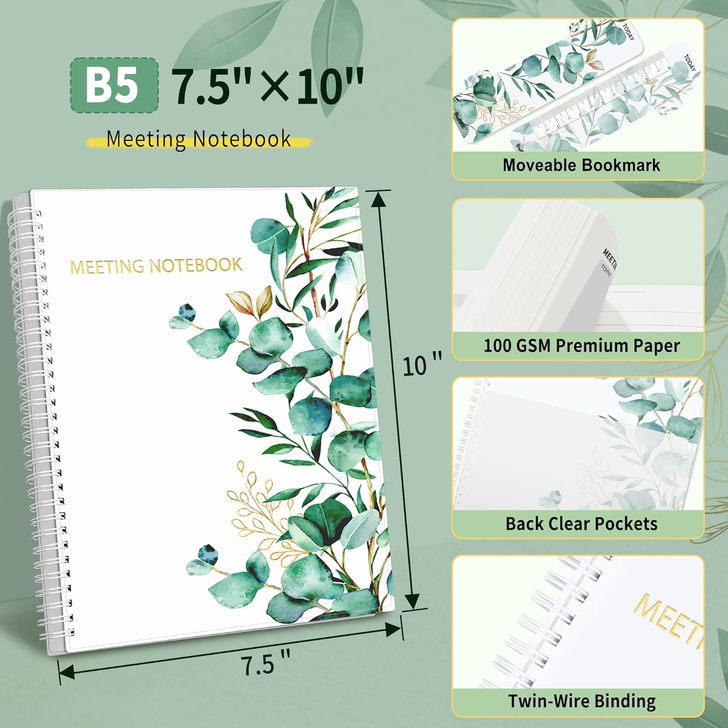 image:imageSUNEE Half Meeting Half Note 85x11 Professional Notebooks for Work 160 Pages A4 Size Project Planner Spiral Meeting AgendaMinutes Organizer for Women Men Note Taking Office amp BusinessLeaf