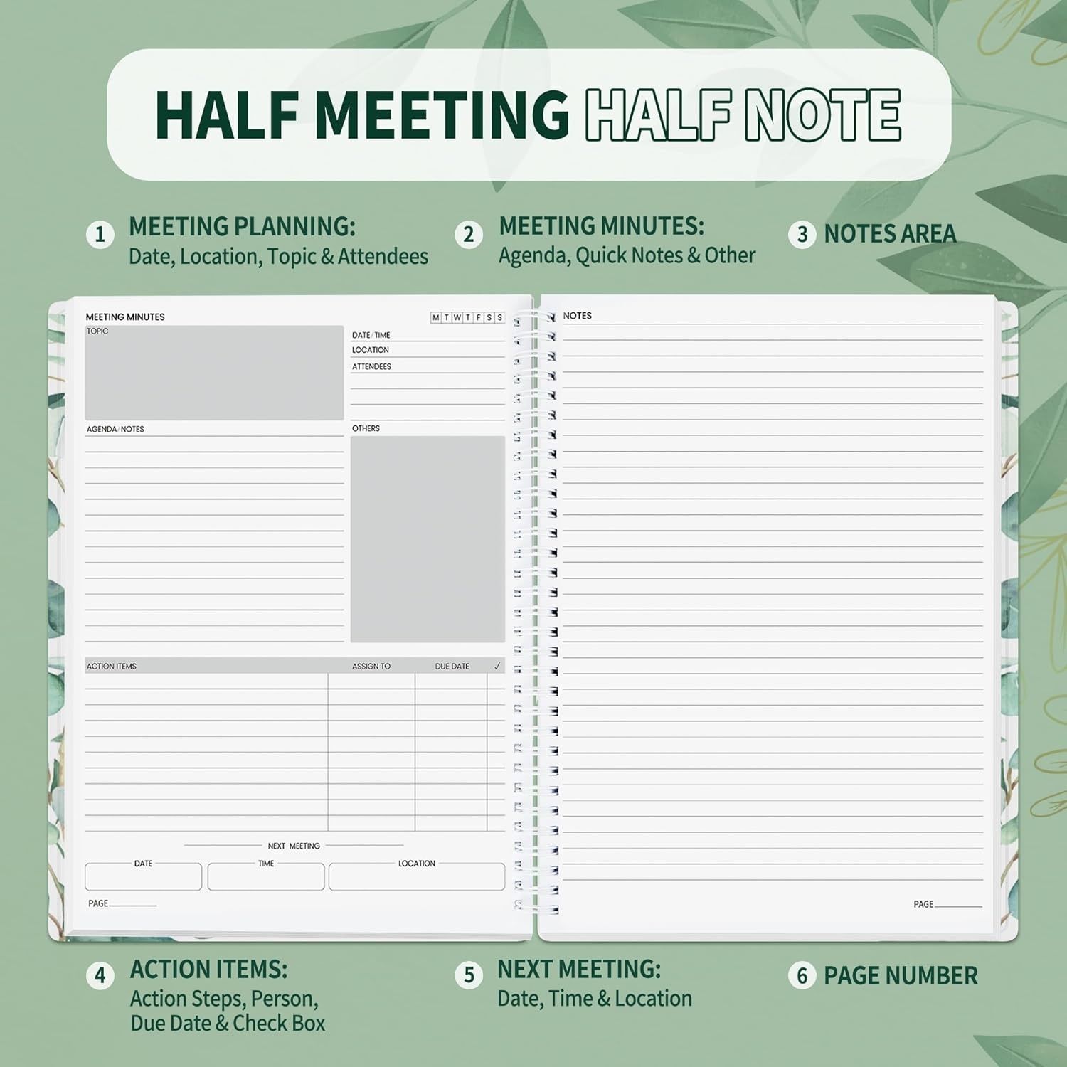 image:imageSUNEE Half Meeting Half Note 85x11 Professional Notebooks for Work 160 Pages A4 Size Project Planner Spiral Meeting AgendaMinutes Organizer for Women Men Note Taking Office amp BusinessLeaf
