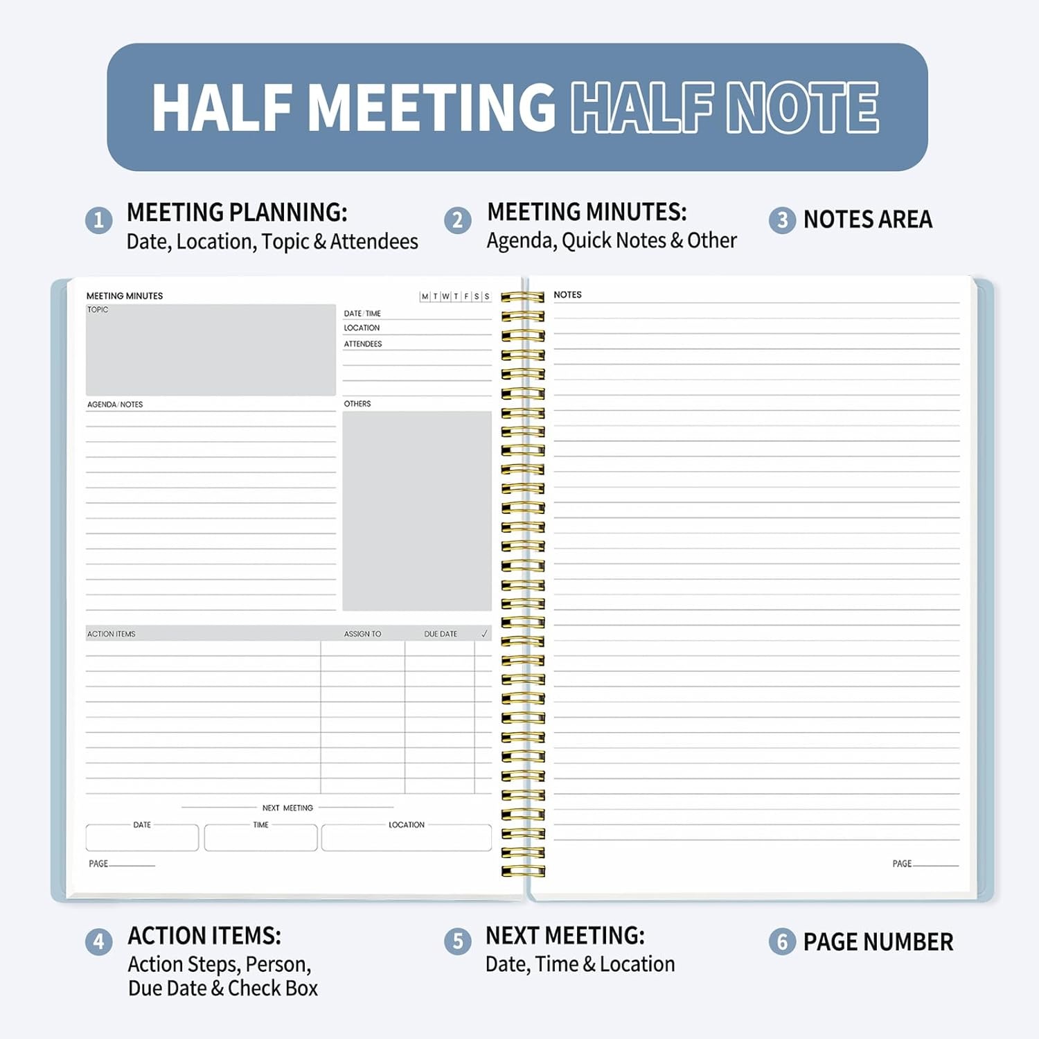 image:imageSUNEE Half Meeting Half Note 85x11 Professional Notebooks for Work 160 Pages A4 Size Project Planner Spiral Meeting AgendaMinutes Organizer for Women Men Note Taking Office amp BusinessGrey Blue