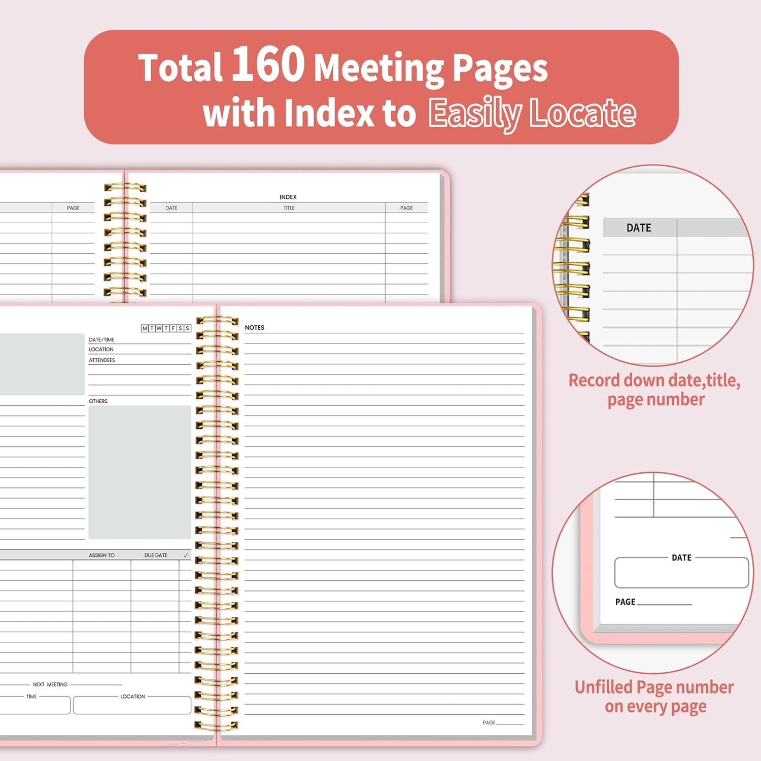 image:imageSUNEE Half Meeting Half Note 85x11 Professional Notebooks for Work 160 Pages A4 Size Project Planner Spiral Meeting AgendaMinutes Organizer for Women Men Note Taking Office amp BusinessPink