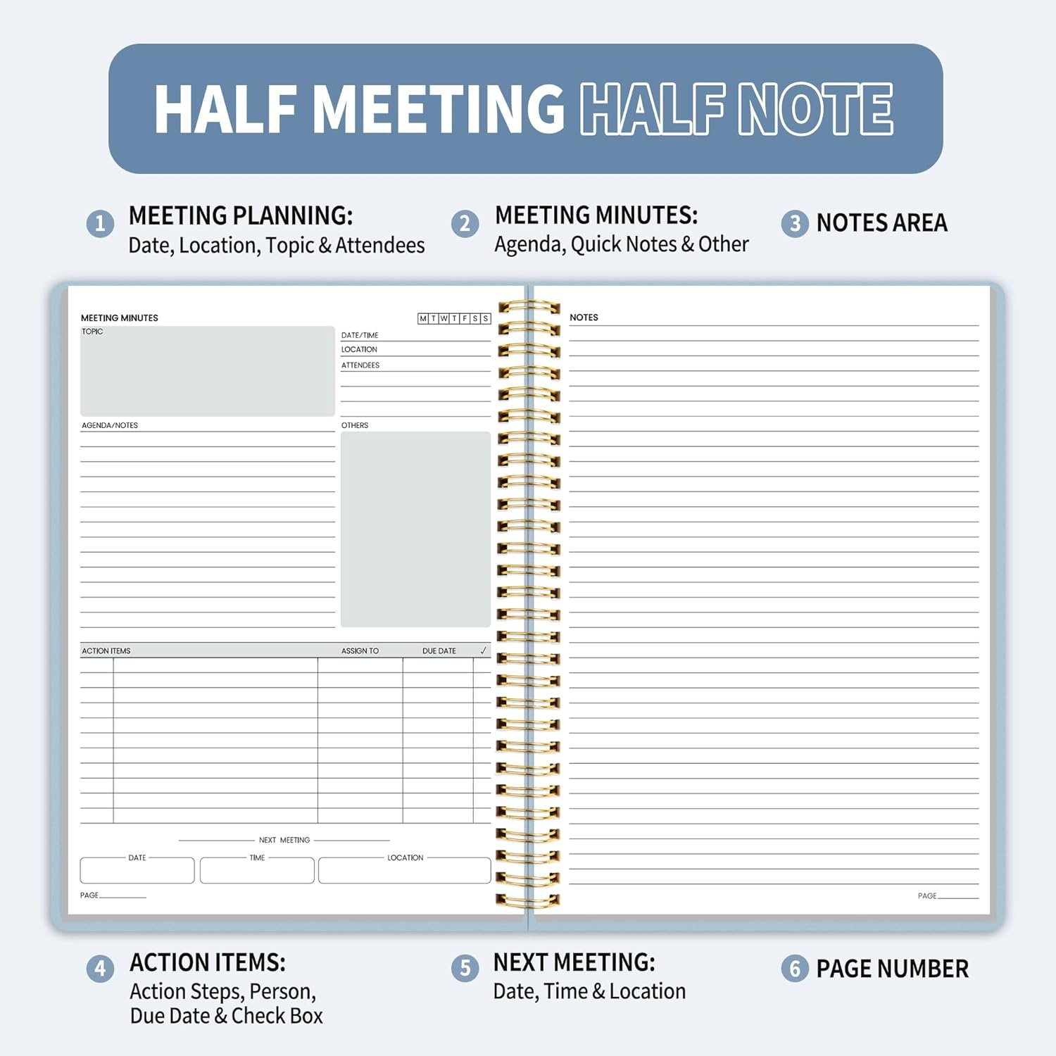 image:imageSUNEE Half Meeting Half Note 85x11 Professional Notebooks for Work 160 Pages A4 Size Project Planner Spiral Meeting AgendaMinutes Organizer for Women Men Note Taking Office amp BusinessGrey Blue