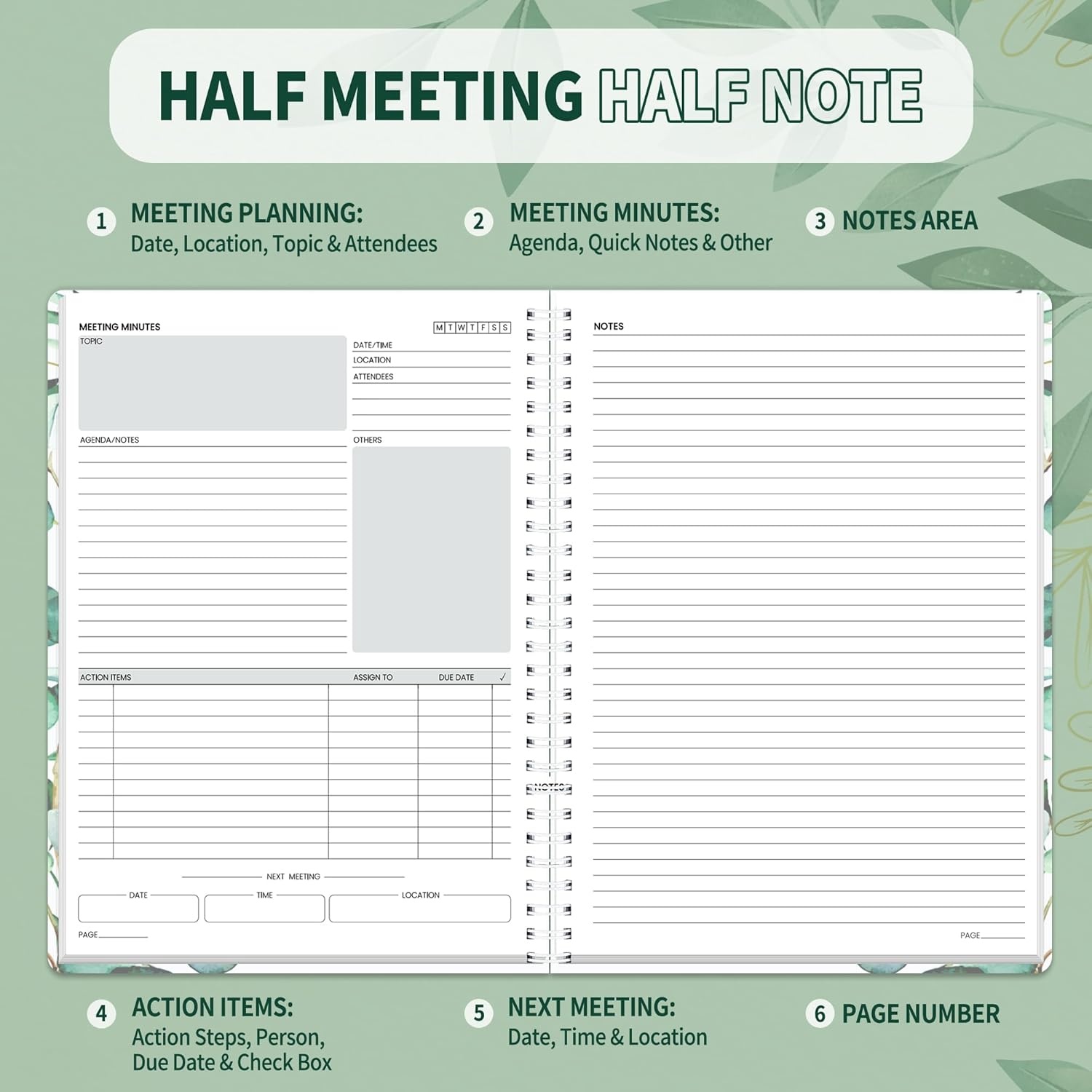 image:imageSUNEE Half Meeting Half Note 85x11 Professional Notebooks for Work 160 Pages A4 Size Project Planner Spiral Meeting AgendaMinutes Organizer for Women Men Note Taking Office amp BusinessLeaf