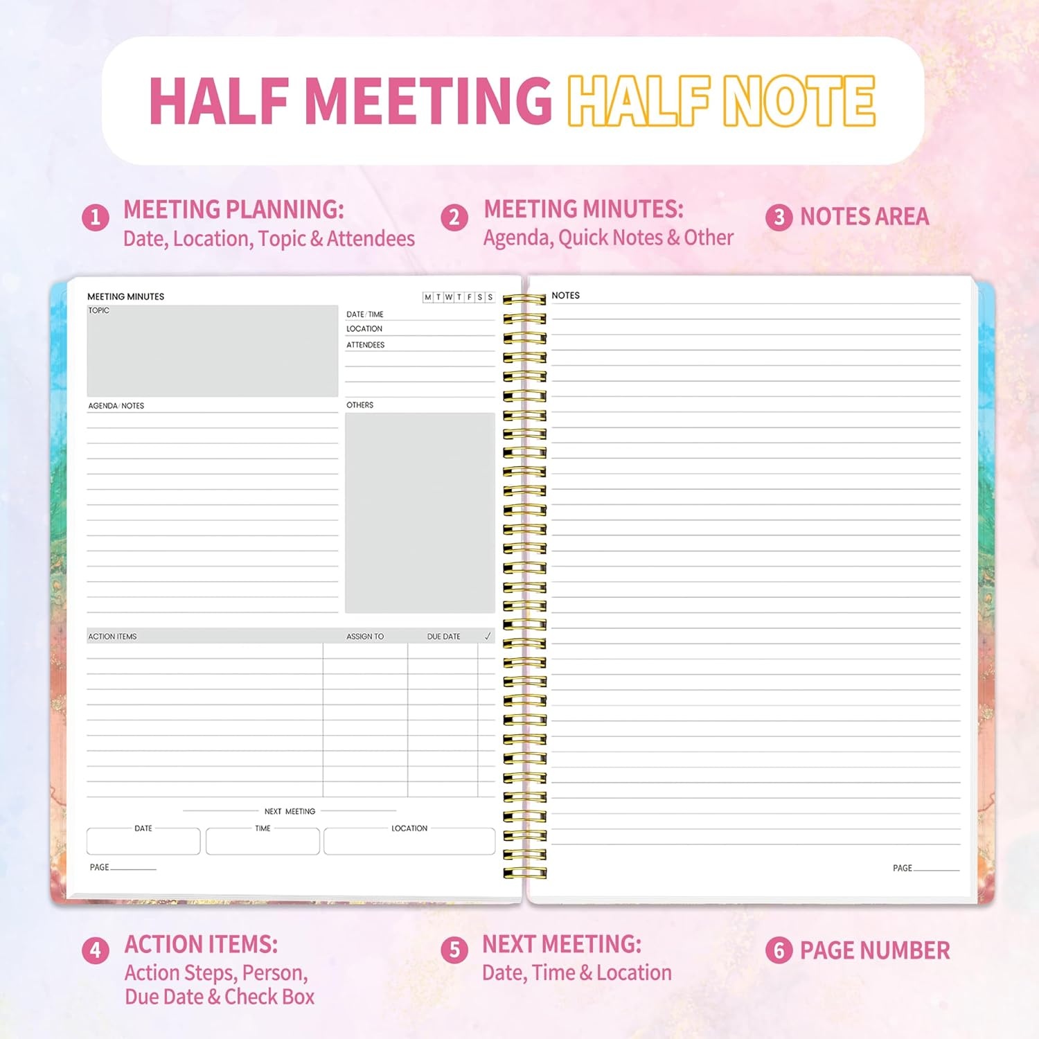 image:imageSUNEE Half Meeting Half Note 85x11 Professional Notebooks for Work 160 Pages A4 Size Project Planner Spiral Meeting AgendaMinutes Organizer for Women Men Note Taking Office amp BusinessPink Marble