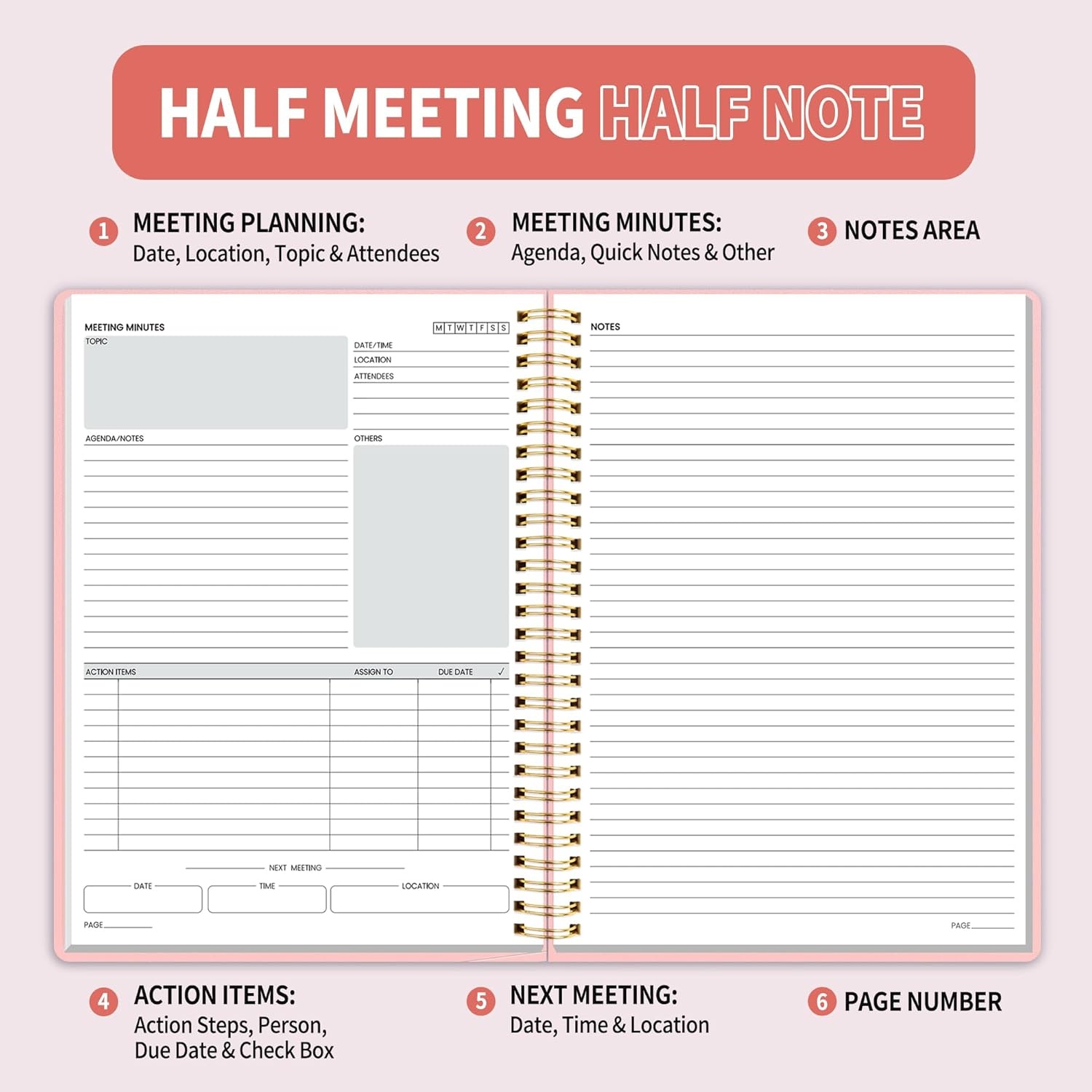 image:imageSUNEE Half Meeting Half Note 85x11 Professional Notebooks for Work 160 Pages A4 Size Project Planner Spiral Meeting AgendaMinutes Organizer for Women Men Note Taking Office amp BusinessPink