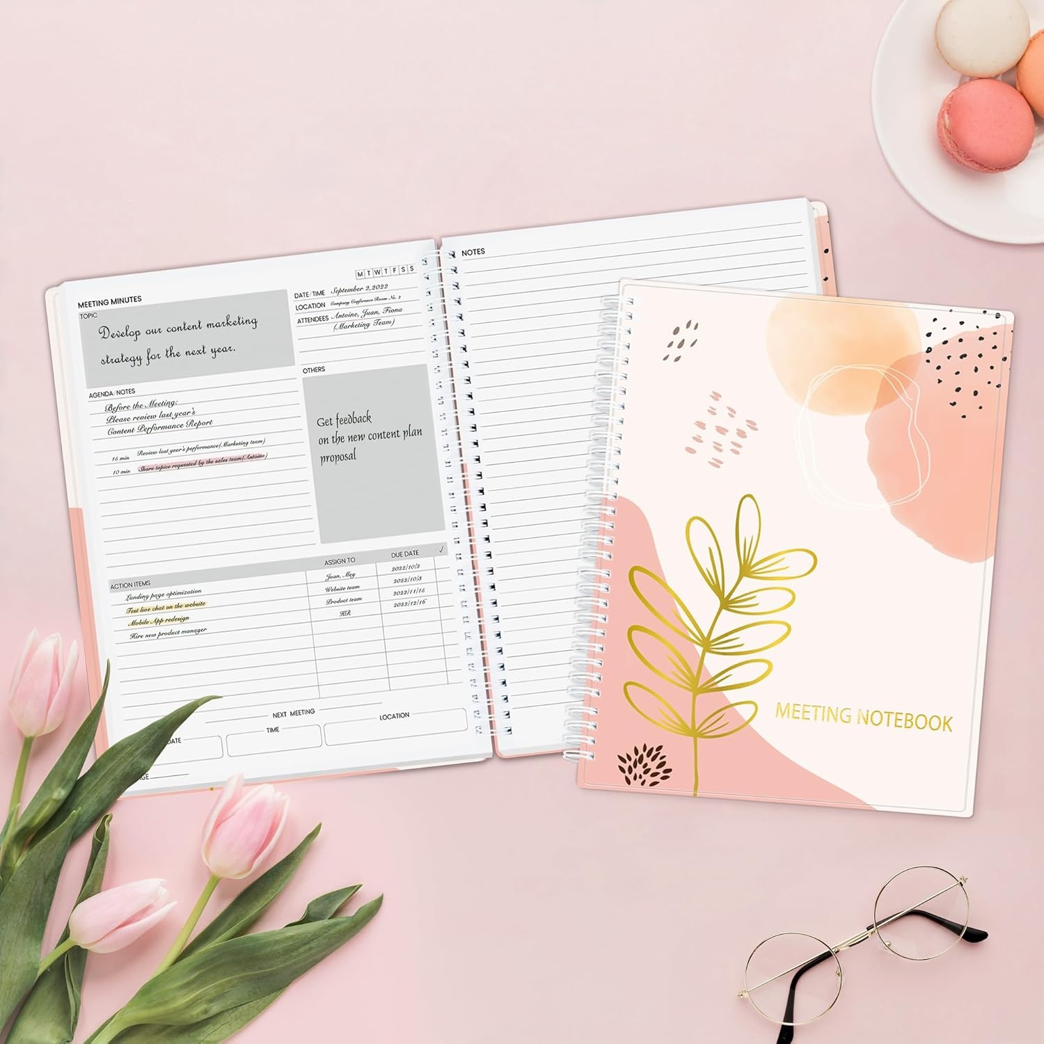 image:imageSUNEE Half Meeting Half Note 85x11 Professional Notebooks for Work 160 Pages A4 Size Project Planner Spiral Meeting AgendaMinutes Organizer for Women Men Note Taking Office amp BusinessPink Breeze