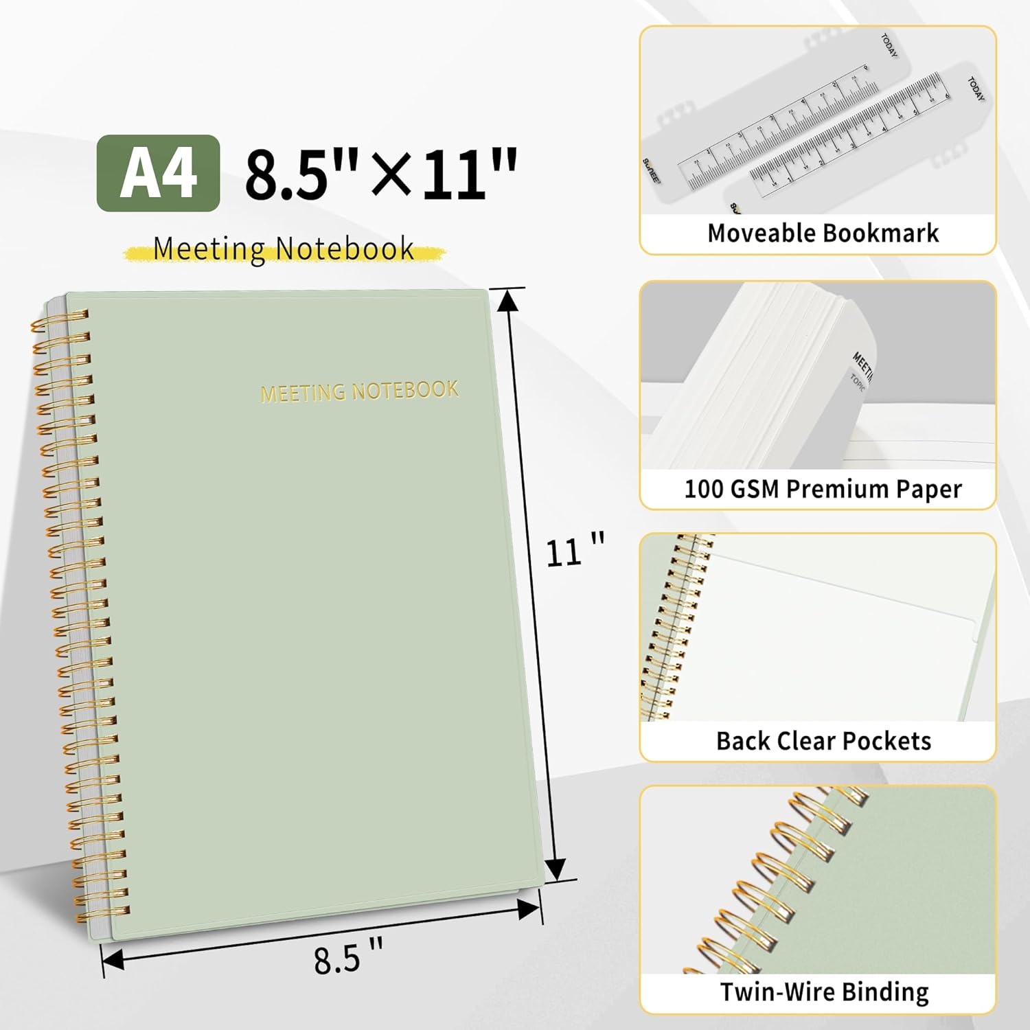 image:imageSUNEE Half Meeting Half Note 85x11 Professional Notebooks for Work 160 Pages A4 Size Project Planner Spiral Meeting AgendaMinutes Organizer for Women Men Note Taking Office amp BusinessMuted Green
