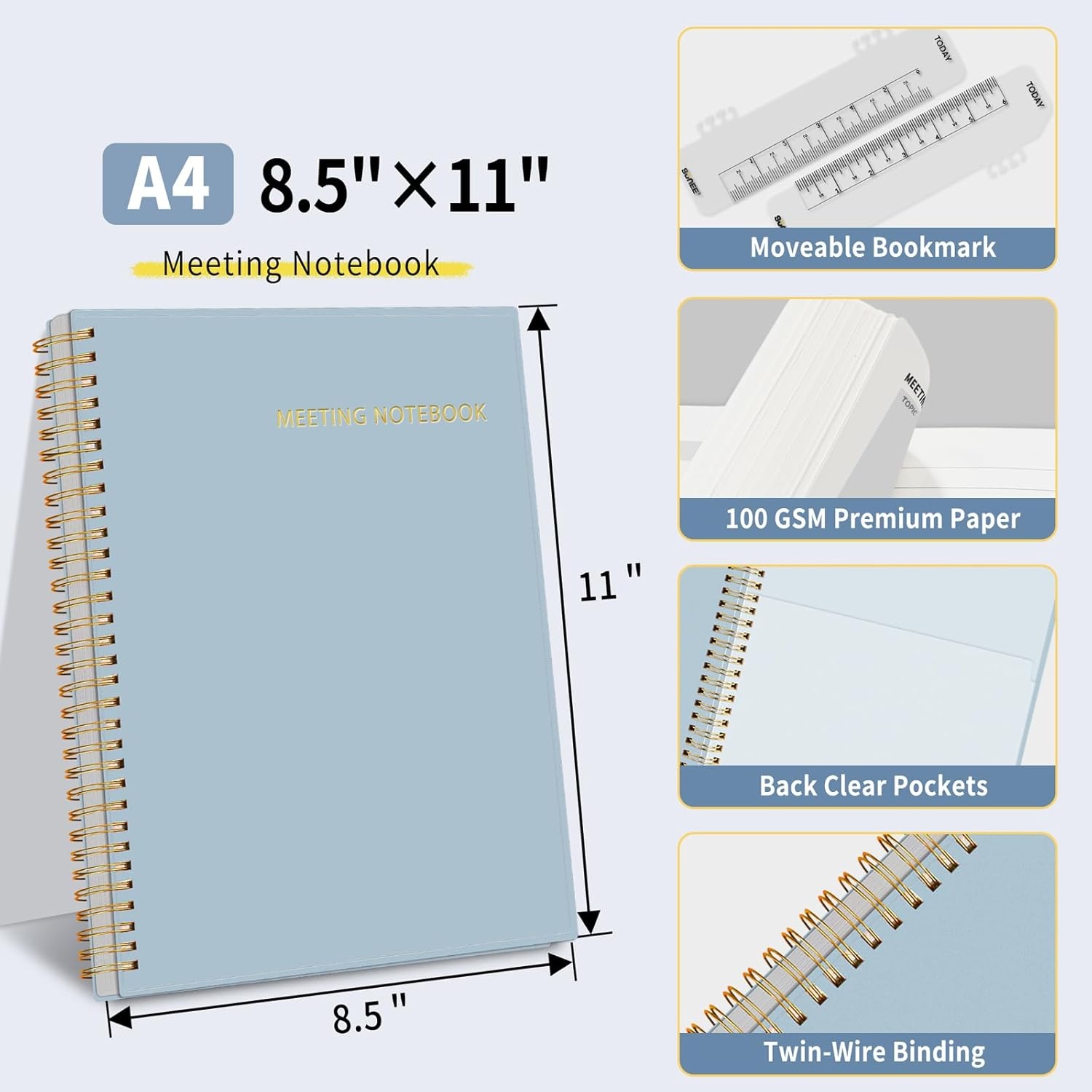 image:imageSUNEE Half Meeting Half Note 85x11 Professional Notebooks for Work 160 Pages A4 Size Project Planner Spiral Meeting AgendaMinutes Organizer for Women Men Note Taking Office amp BusinessGrey Blue