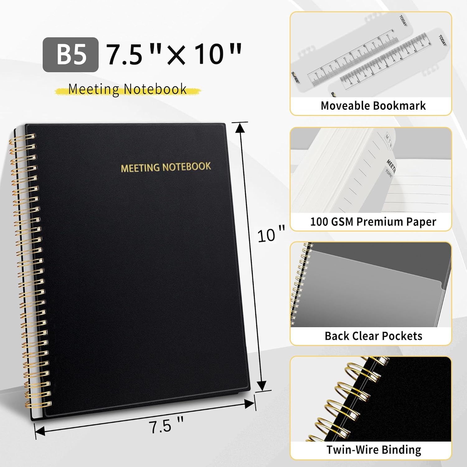 image:imageSUNEE Half Meeting Half Note 85x11 Professional Notebooks for Work 160 Pages A4 Size Project Planner Spiral Meeting AgendaMinutes Organizer for Women Men Note Taking Office amp BusinessBlack