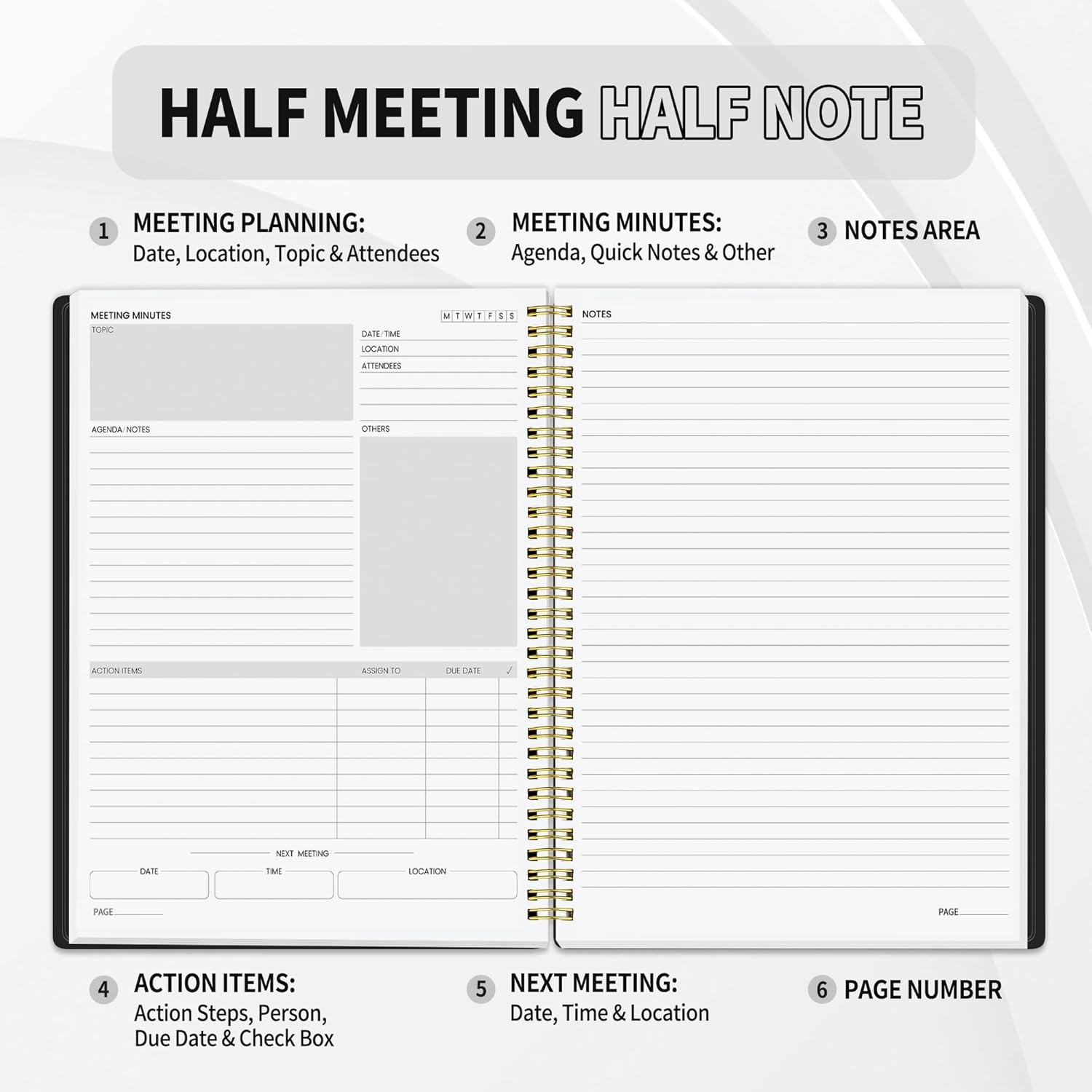 image:imageSUNEE Half Meeting Half Note 85x11 Professional Notebooks for Work 160 Pages A4 Size Project Planner Spiral Meeting AgendaMinutes Organizer for Women Men Note Taking Office amp BusinessBlack