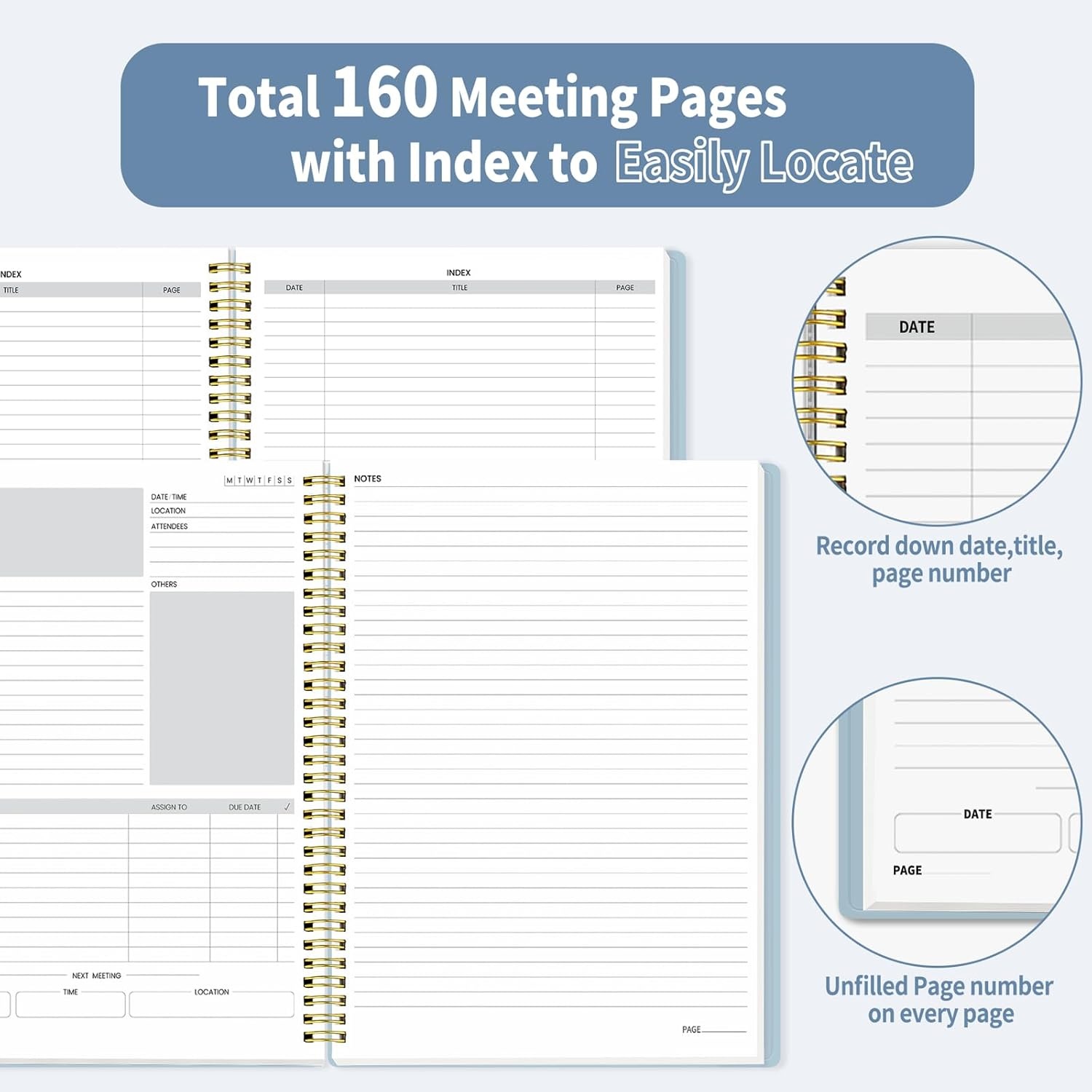 image:imageSUNEE Half Meeting Half Note 85x11 Professional Notebooks for Work 160 Pages A4 Size Project Planner Spiral Meeting AgendaMinutes Organizer for Women Men Note Taking Office amp BusinessGrey Blue