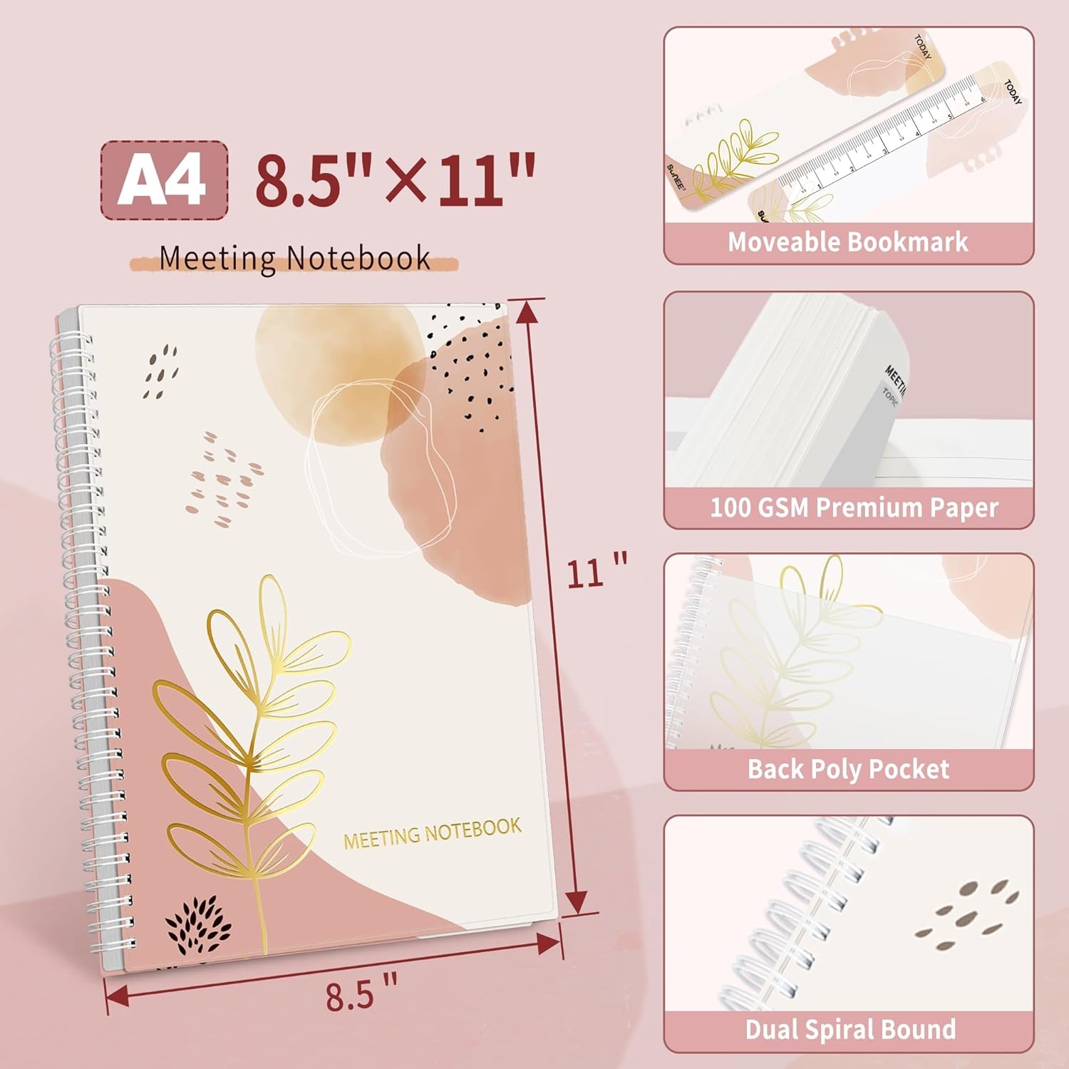 image:imageSUNEE Half Meeting Half Note 85x11 Professional Notebooks for Work 160 Pages A4 Size Project Planner Spiral Meeting AgendaMinutes Organizer for Women Men Note Taking Office amp BusinessPink Breeze