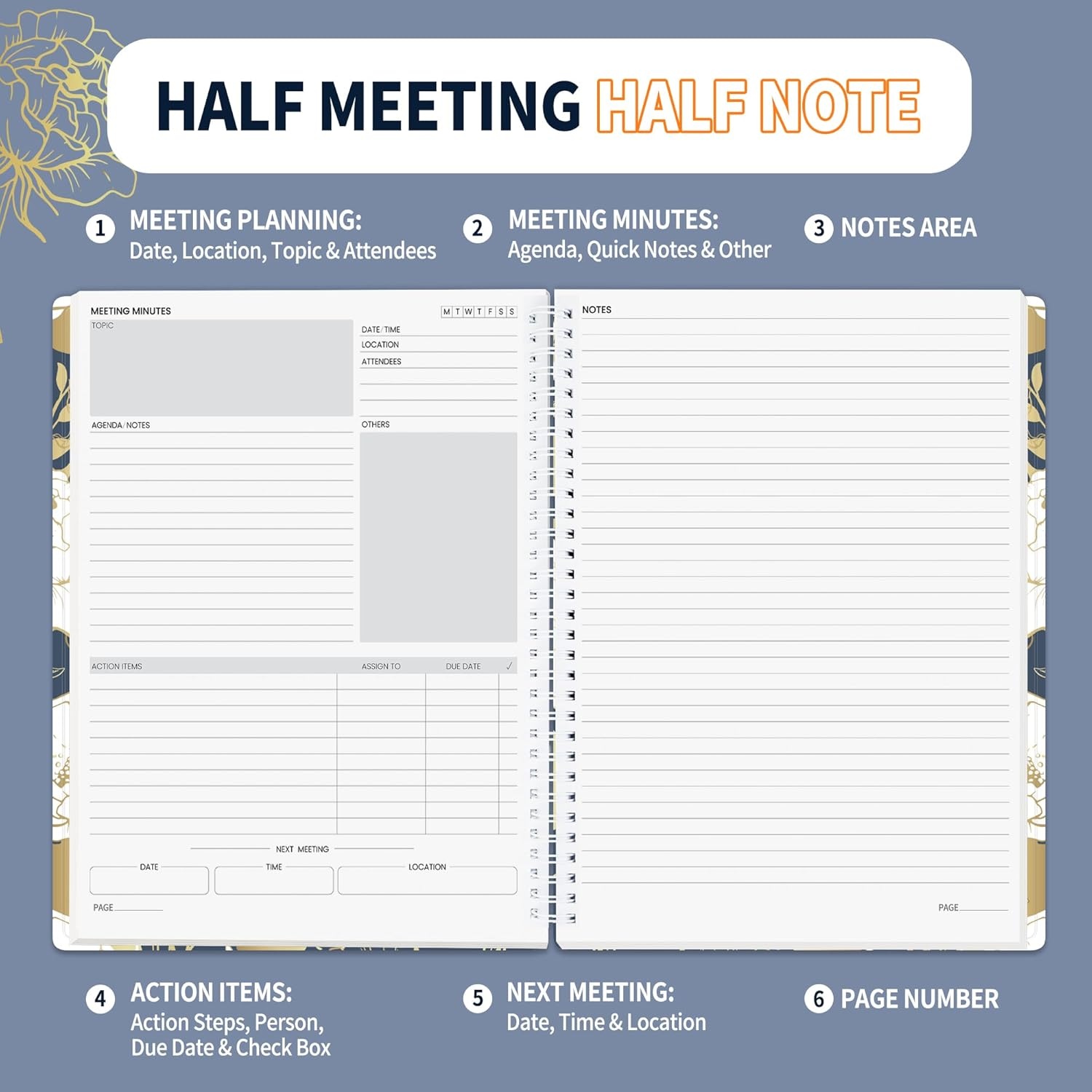 image:imageSUNEE Half Meeting Half Note 85x11 Professional Notebooks for Work 160 Pages A4 Size Project Planner Spiral Meeting AgendaMinutes Organizer for Women Men Note Taking Office amp BusinessVintage Floral