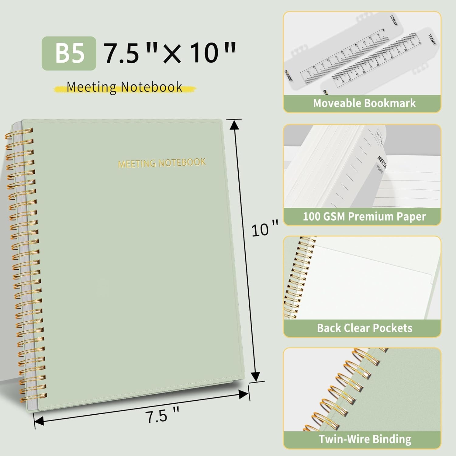 image:imageSUNEE Half Meeting Half Note 85x11 Professional Notebooks for Work 160 Pages A4 Size Project Planner Spiral Meeting AgendaMinutes Organizer for Women Men Note Taking Office amp BusinessMuted Green