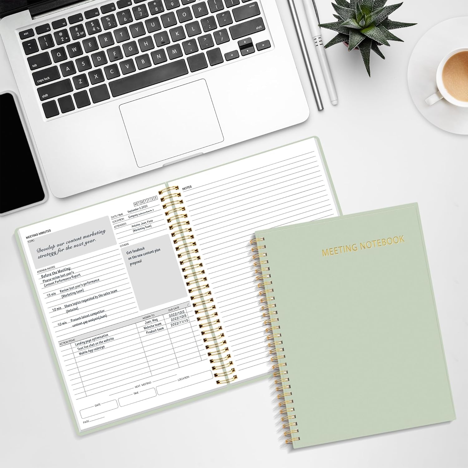 image:imageSUNEE Half Meeting Half Note 85x11 Professional Notebooks for Work 160 Pages A4 Size Project Planner Spiral Meeting AgendaMinutes Organizer for Women Men Note Taking Office amp BusinessMuted Green
