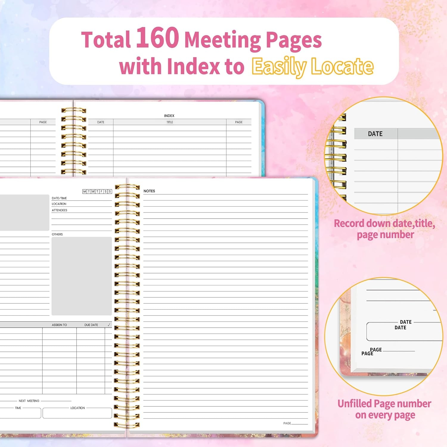 image:imageSUNEE Half Meeting Half Note 85x11 Professional Notebooks for Work 160 Pages A4 Size Project Planner Spiral Meeting AgendaMinutes Organizer for Women Men Note Taking Office amp BusinessPink Marble