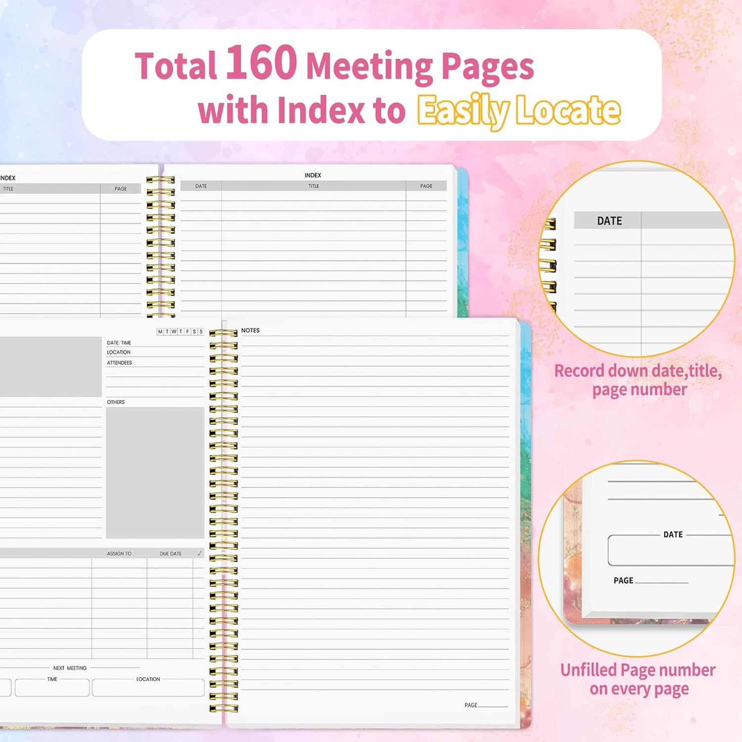 image:imageSUNEE Half Meeting Half Note 85x11 Professional Notebooks for Work 160 Pages A4 Size Project Planner Spiral Meeting AgendaMinutes Organizer for Women Men Note Taking Office amp BusinessPink Marble