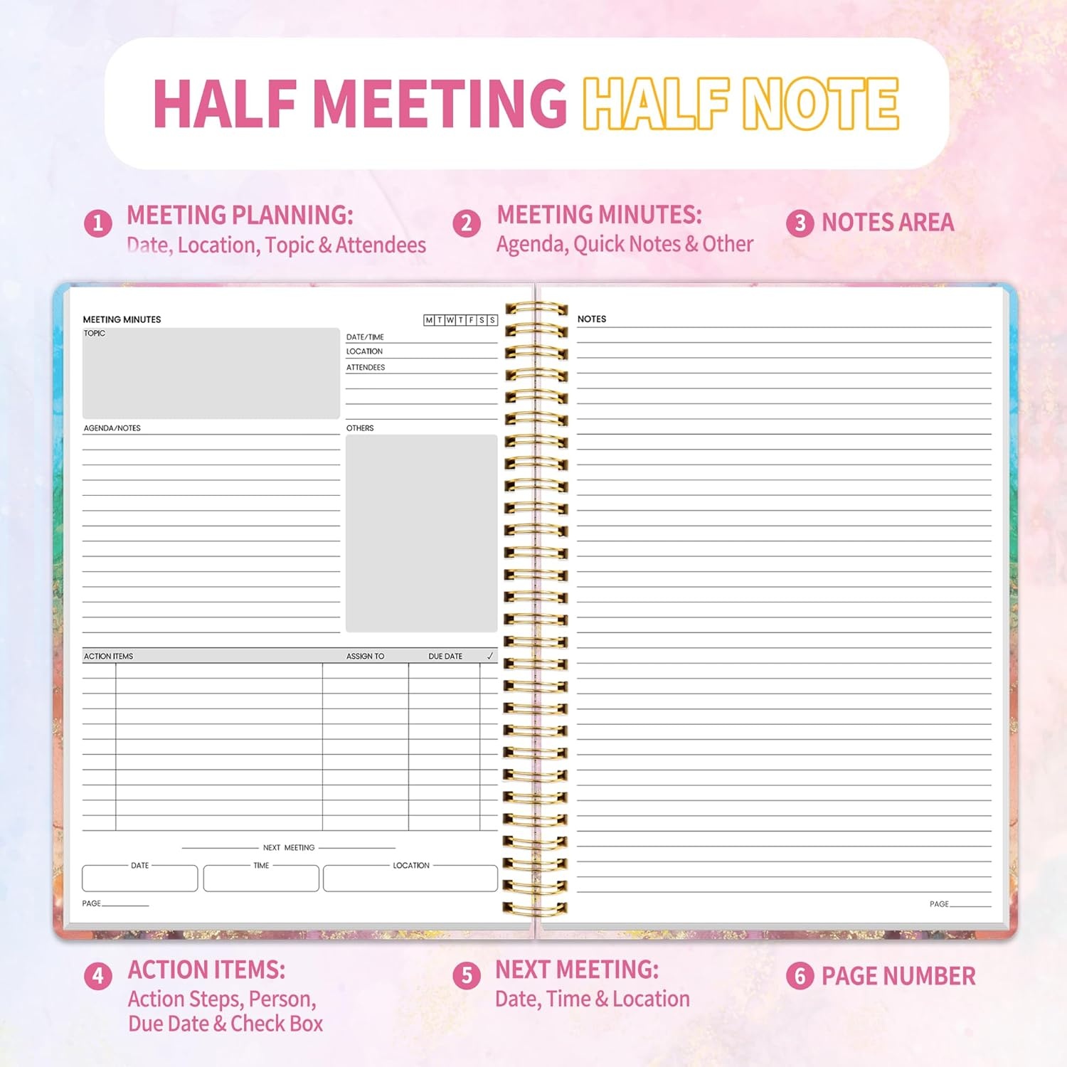 image:imageSUNEE Half Meeting Half Note 85x11 Professional Notebooks for Work 160 Pages A4 Size Project Planner Spiral Meeting AgendaMinutes Organizer for Women Men Note Taking Office amp BusinessPink Marble