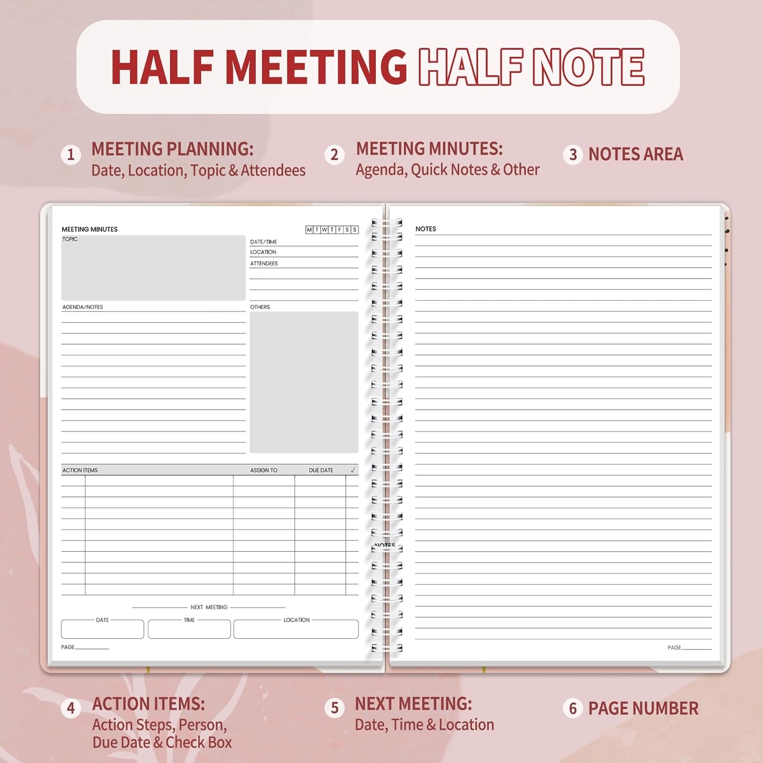 image:imageSUNEE Half Meeting Half Note 85x11 Professional Notebooks for Work 160 Pages A4 Size Project Planner Spiral Meeting AgendaMinutes Organizer for Women Men Note Taking Office amp BusinessPink Breeze